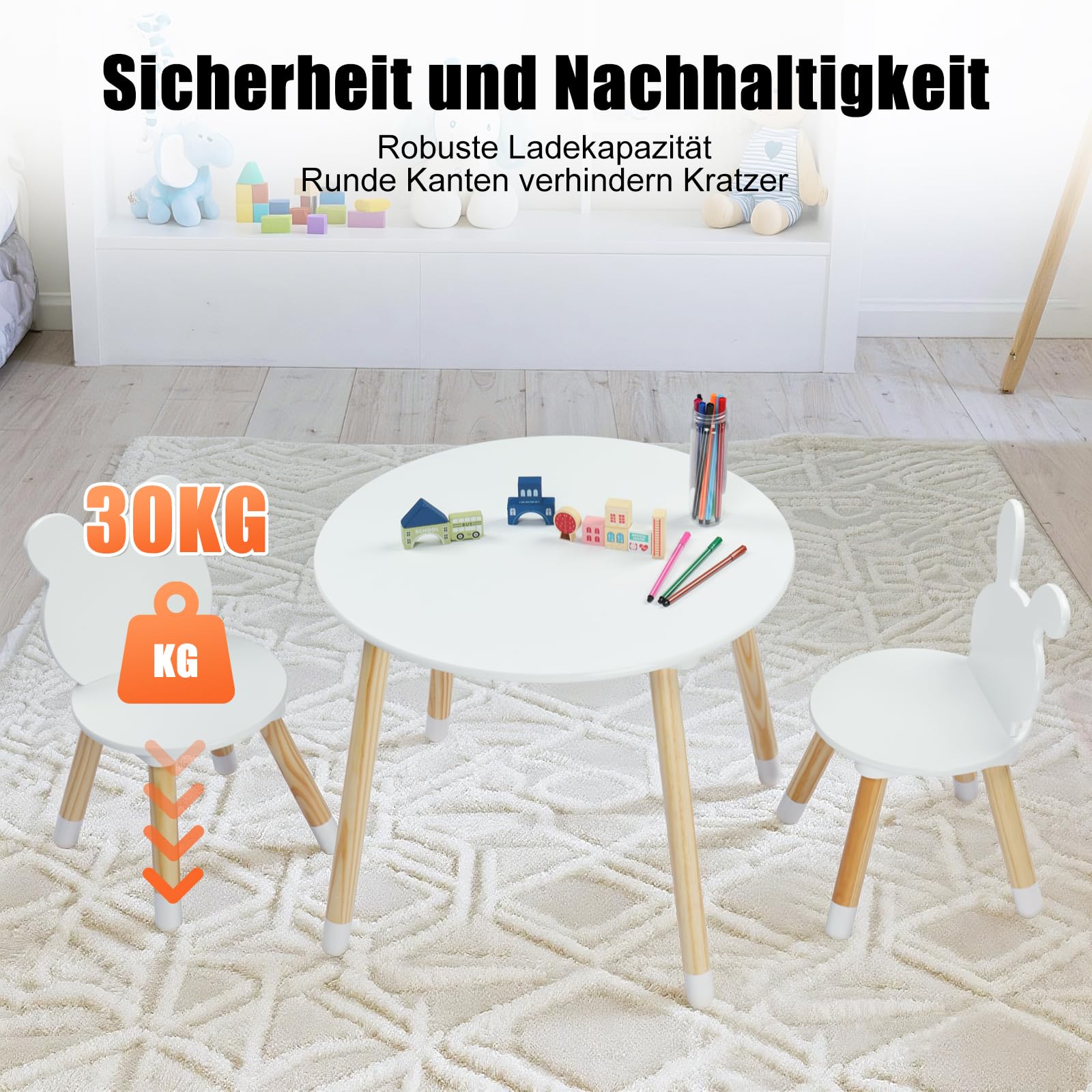 LEADZM Kindertisch mit 2 Stühlen, Kindersitzgruppe, Sitzgruppe für Kinder, mit Kiefer Beine Kindermöbel für Kinderzimmer Kindergärten Weiß