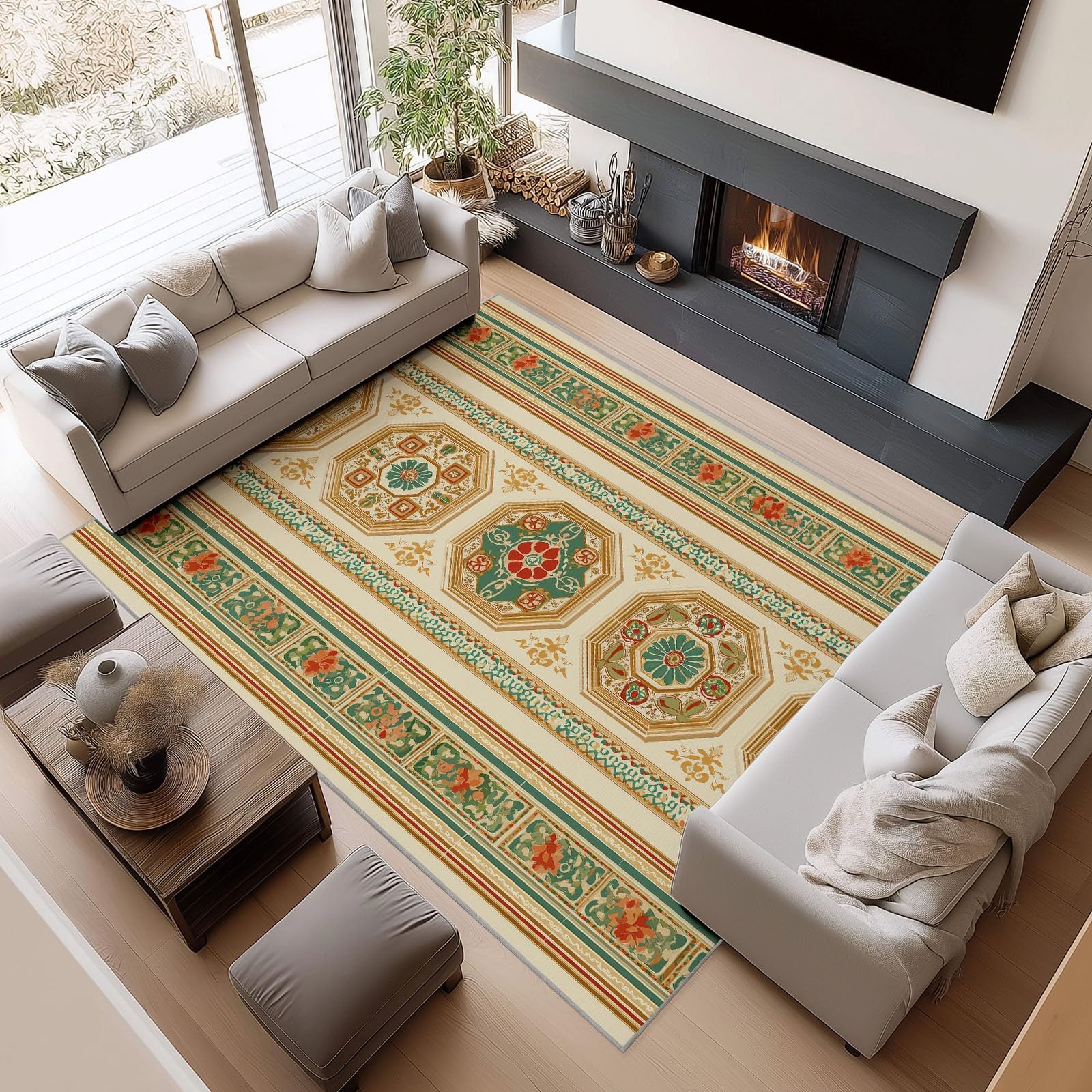 Tappeto Beige Antiscivolo Lavabile, Tappeti Decorativi per Soggiorno Camera da Letto e Aree Interne 180 x 240 cm - con Motivo Stampato Retrò Tradizionale Geometrico Floreale