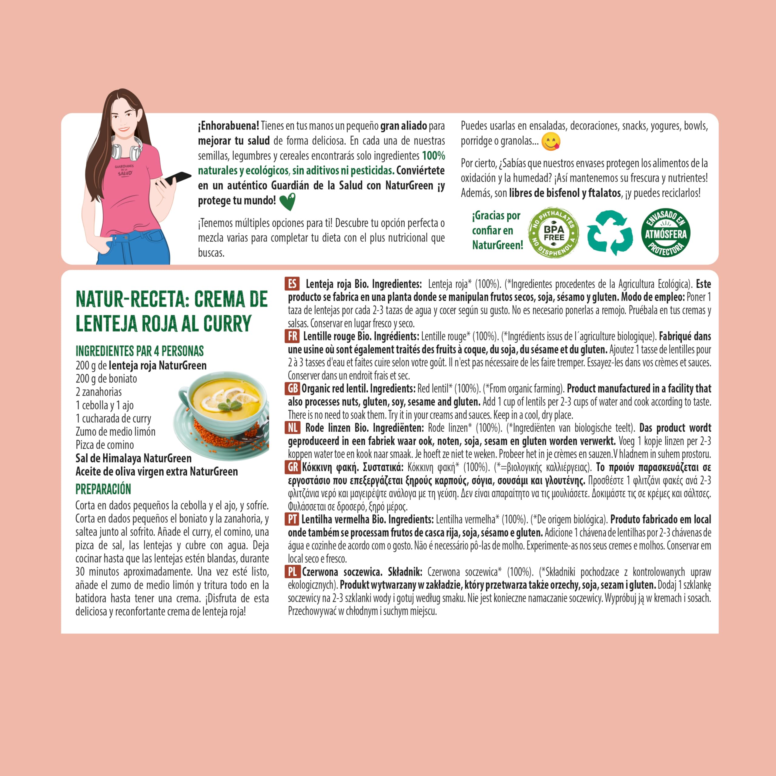 Lentejas Rojas Bio 500 g NaturGreen Alto Contenido en Proteína y Fibra Agricultura Ecológica