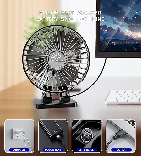 Miniatura 5 de Paquete de 2 ventiladores de escritorio, ventilador USB para escritorio, mini rotación de 3 velocidades de viento fuerte, ventilador de enfriamiento