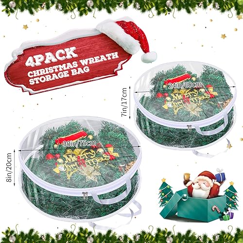 Miniatura 2 de Contenedor de almacenamiento de corona de Navidad de 30 pulgadas y 24 pulgadas, paquete de 4 bolsas de almacenamiento transparentes para coronas de