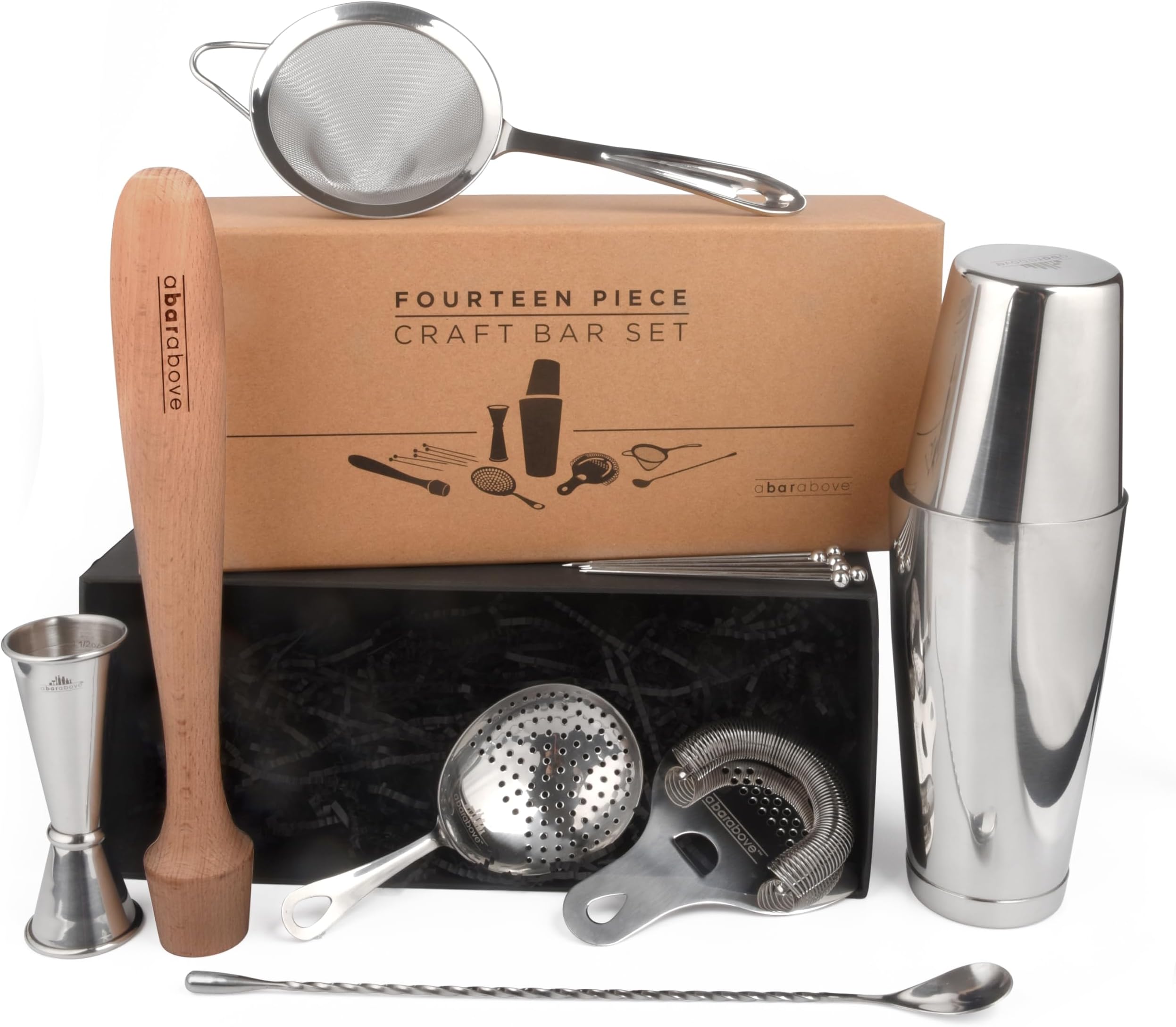 A Bar Above 14-Piece Stainless Steel Bartender Kit, Premium Professional Barware Set for Home Bars and Mixologists, Includes Cocktail Shaker, Jigger, Spoon, Strainers, Muddler, Picks, and More