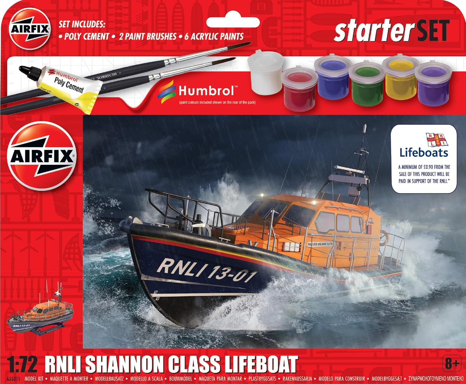 Airfix Ship Model Kit Starter Set - A55015 RNLI Shannon Class Lifeboat, Plastic Watercraft Model Kits for Adults & Kids, Skill Level 1, 1:72 Scale Watercraft Models, Includes: Paints, Glue & Brushes