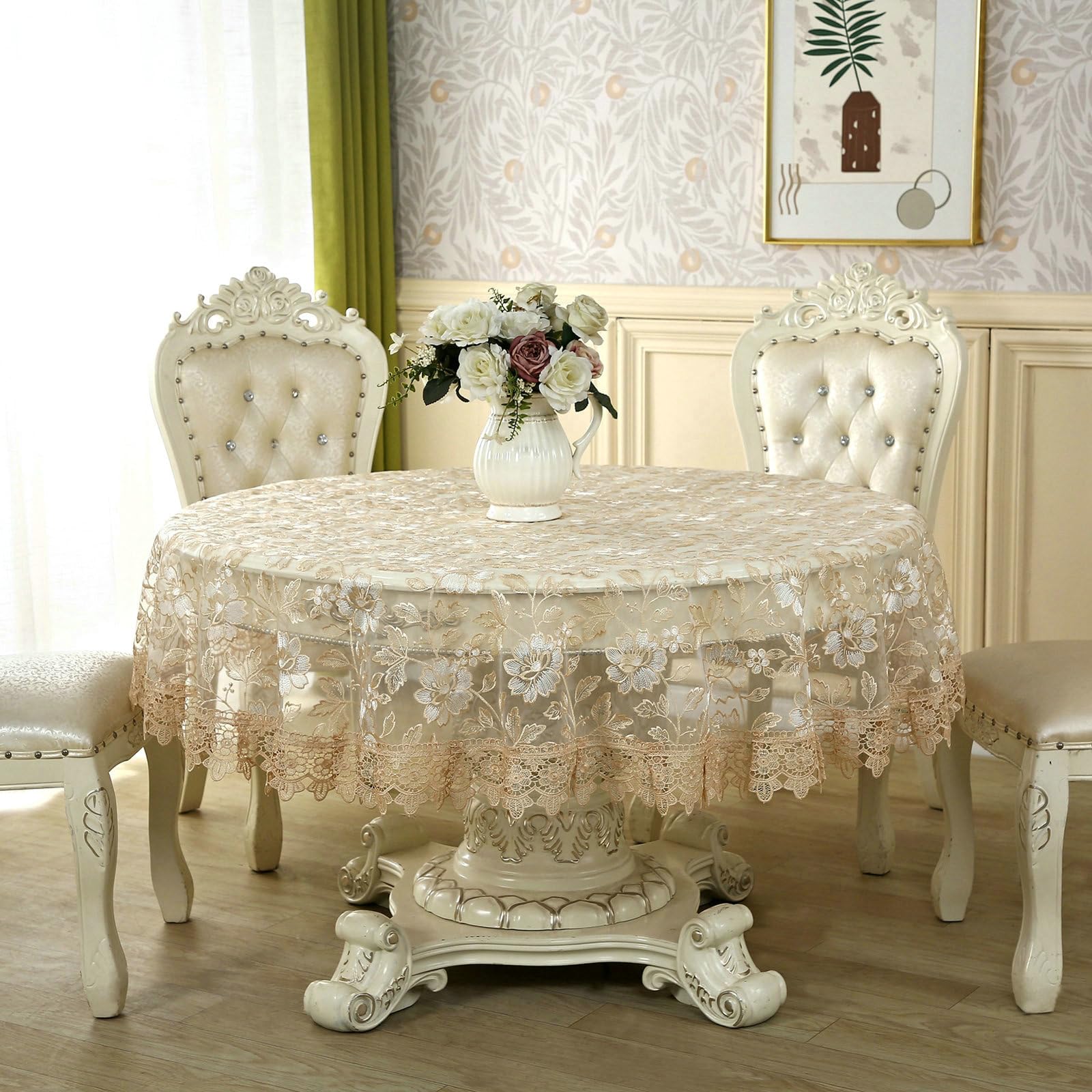 Tischdecke Rund Abwaschbar 180 cm, Hohl Spitze Stickerei Polyester