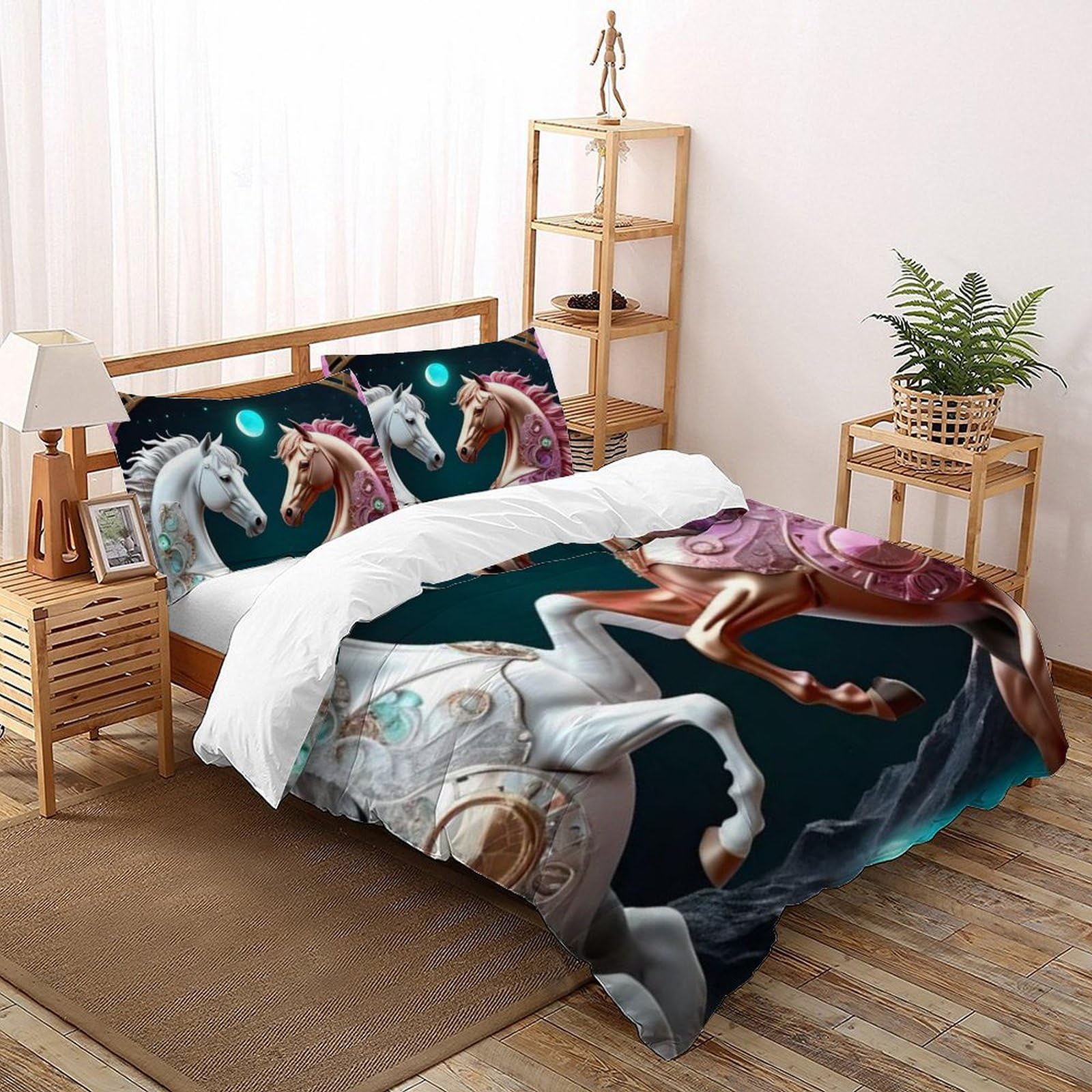 Housse de couette King en microfibre Double Horse avec ses taies d'oreiller animaux 3D
