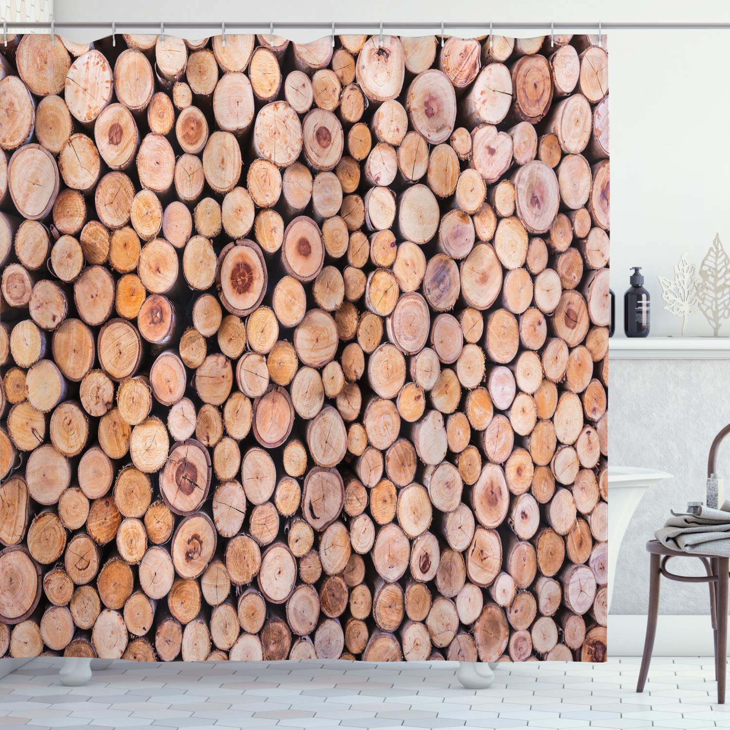 Ambesonne Rustic Shower Curtain, Mass of Wood Logs Forest Tree Ecology Industry Group of Cut Lumber Circle Stack Image, Cloth Fabric Bathroom Decor Set with Hooks, 69" W x 70" L, Cream