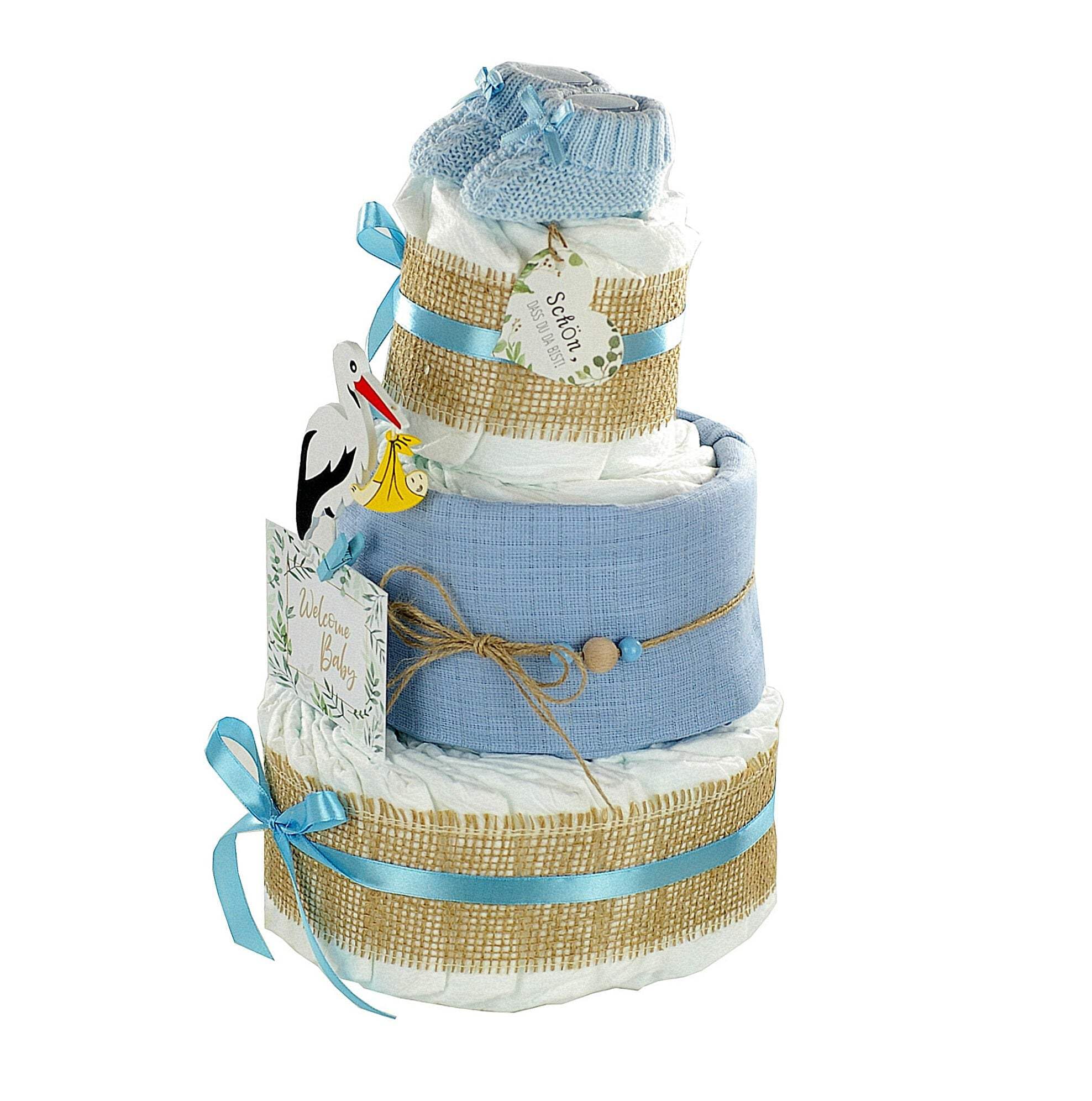 Premium Windeltorte Storch mit Bündel | inkl. Babybooties und Mullwindel | 3-stöckig (blau)