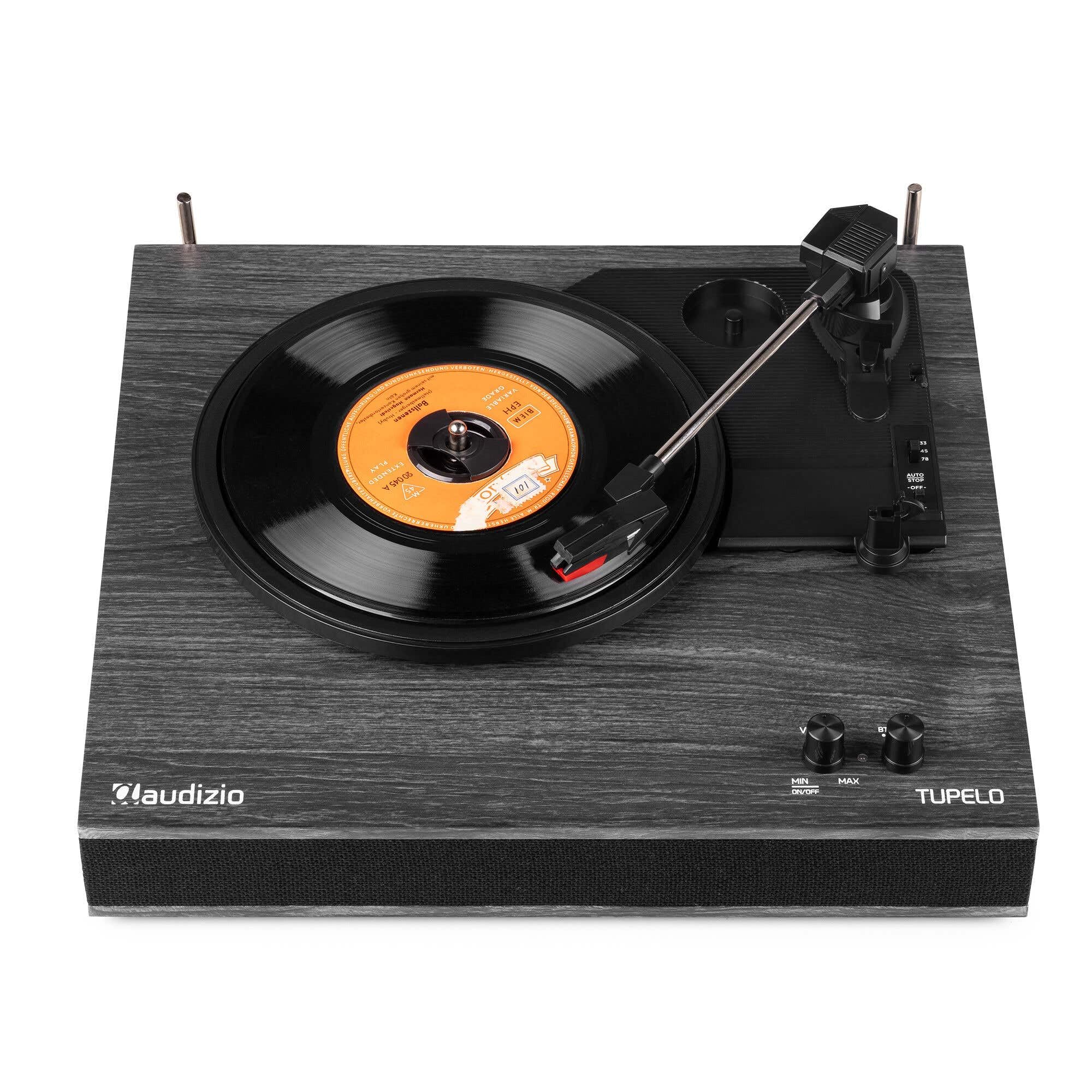 Audizio Tupelo - Giradischi con altoparlante e Bluetooth, set giradischi con amplificatore, 3 velocità (33/45/78 giri/min), lettore in vinile da 120 Watt con 2 altoparlanti stereo, gramofono, nero