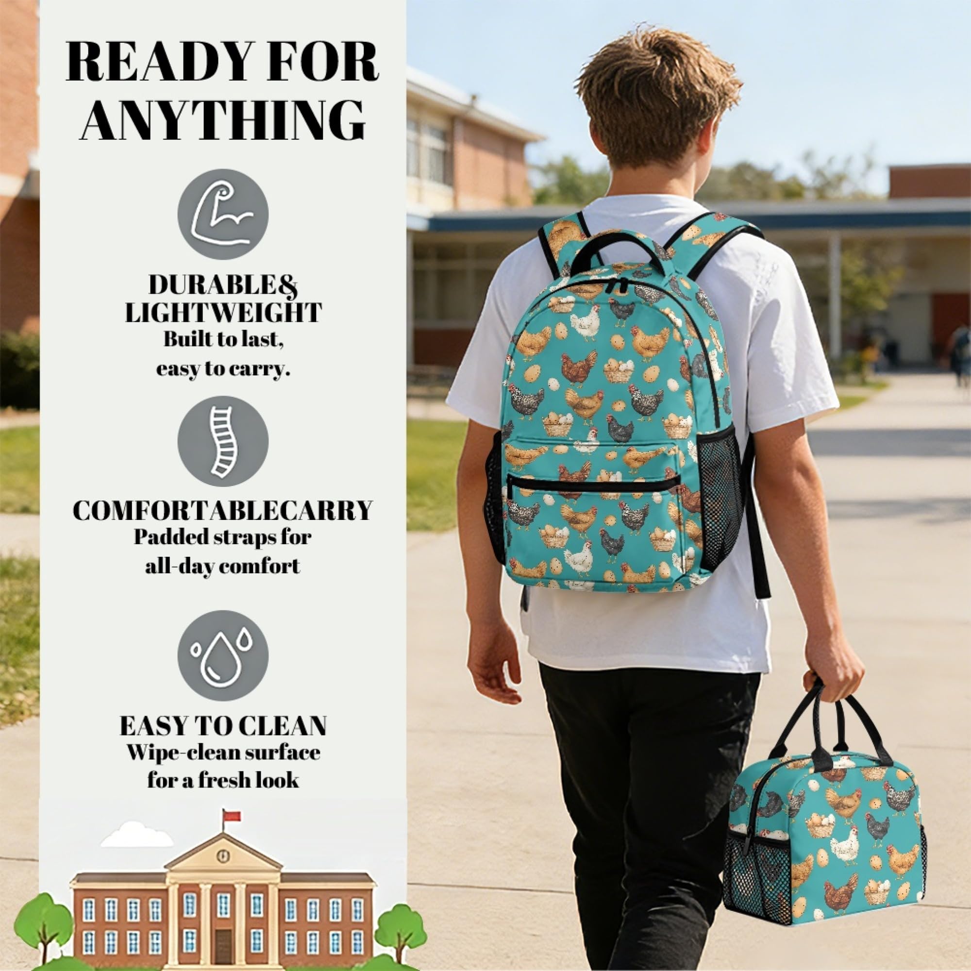 Amzbeauty Schulranzen für Jungen und Mädchen, 3-teiliges Rucksack-Set, große Kapazität, Büchertasche mit Lunchtasche, Federmäppchen für Grundschule, Eier-Huhn, Casual