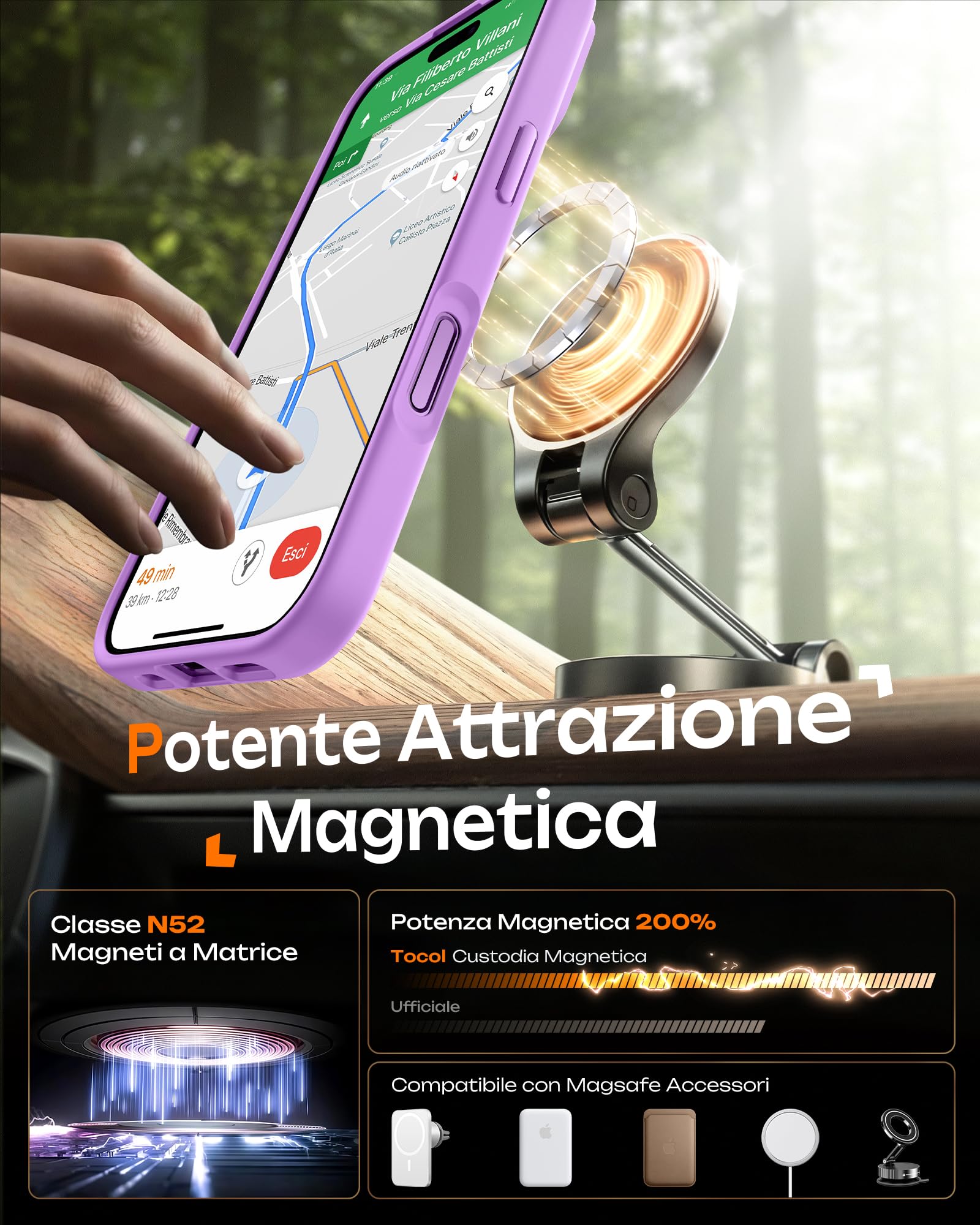 TOCOL Cover Magnetica per iPhone 17 6,3 Pollic, Compatibile con MagSafe, Anello Magnetico Incorporato, Protezione Fotocamera Integrata, Custodia Antiurto Traslucida Opaca, Viola Chiaro