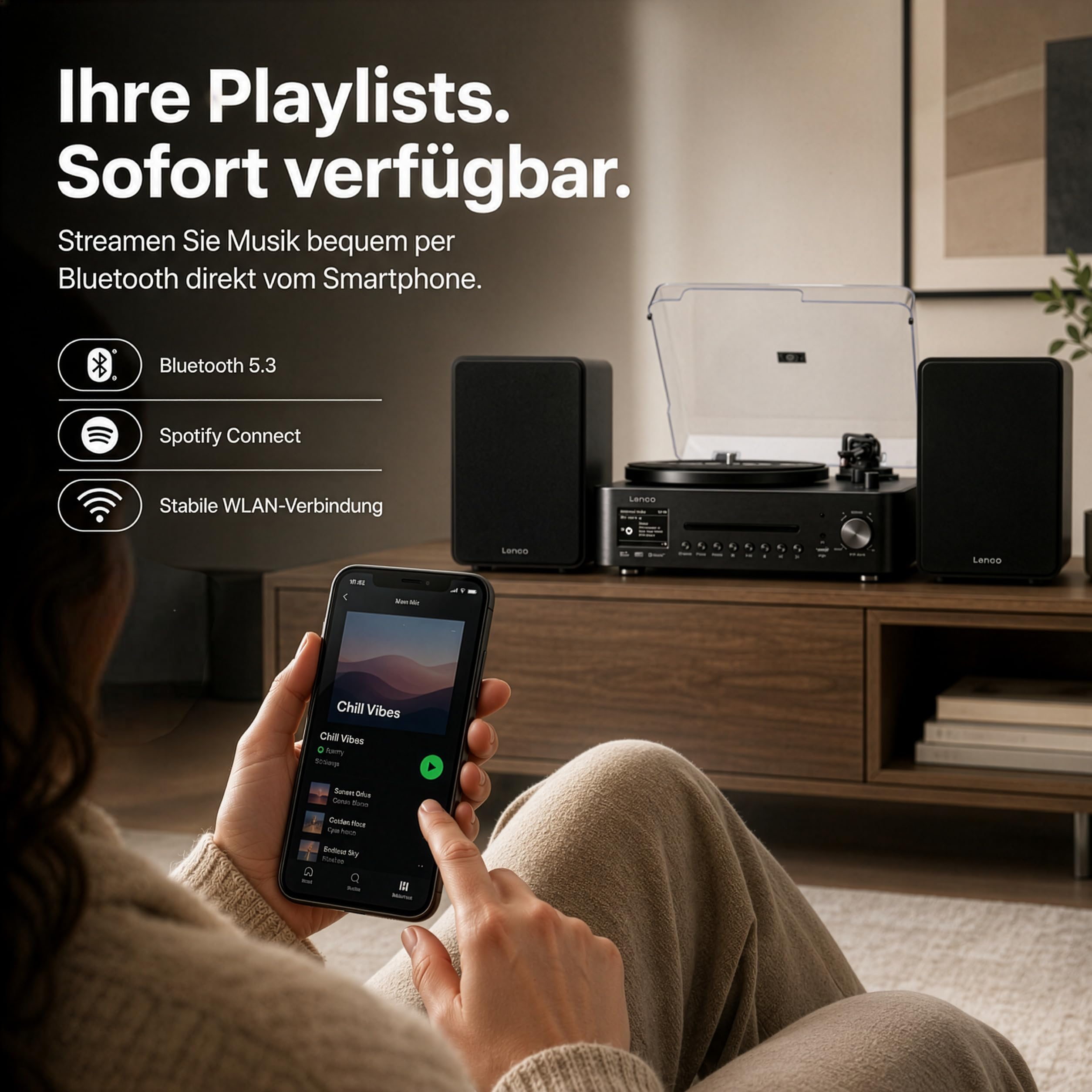 Lenco MC-760BK Plattenspieler mit Lautsprecher - Schallplattenspieler 60 W - Vinyl Player Bluetooth 5.3 - Record Player - DAB+ - Holz/Schwarz