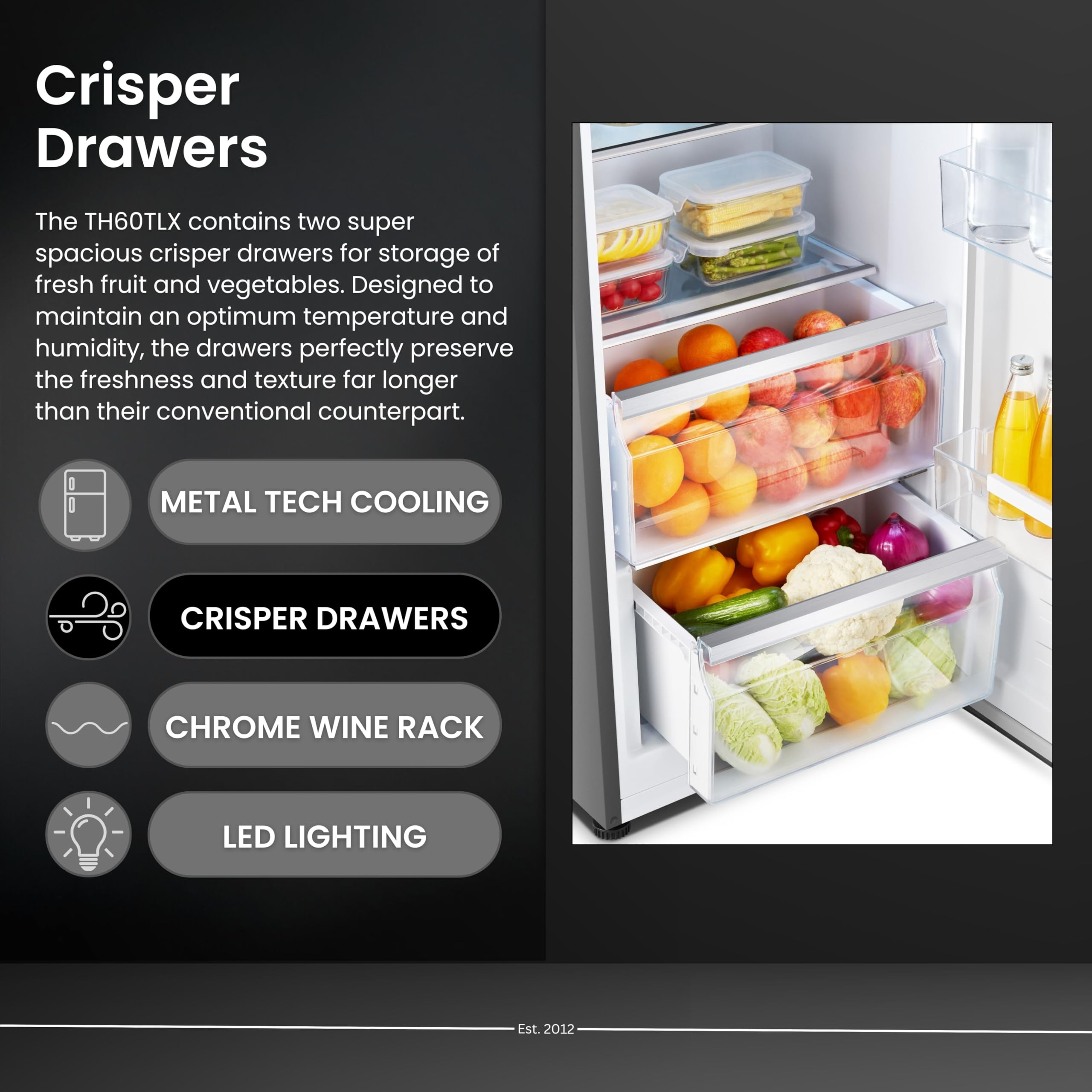 Teknix TH60TLX 60cm Freestanding Tall Larder Fridge - 370L Capacity - Metal Tech Cooling - Chrome Wine Rack - Stainless Steel - E Rated, H185.5 x W59.5 x D65.1 (cm) — view 8