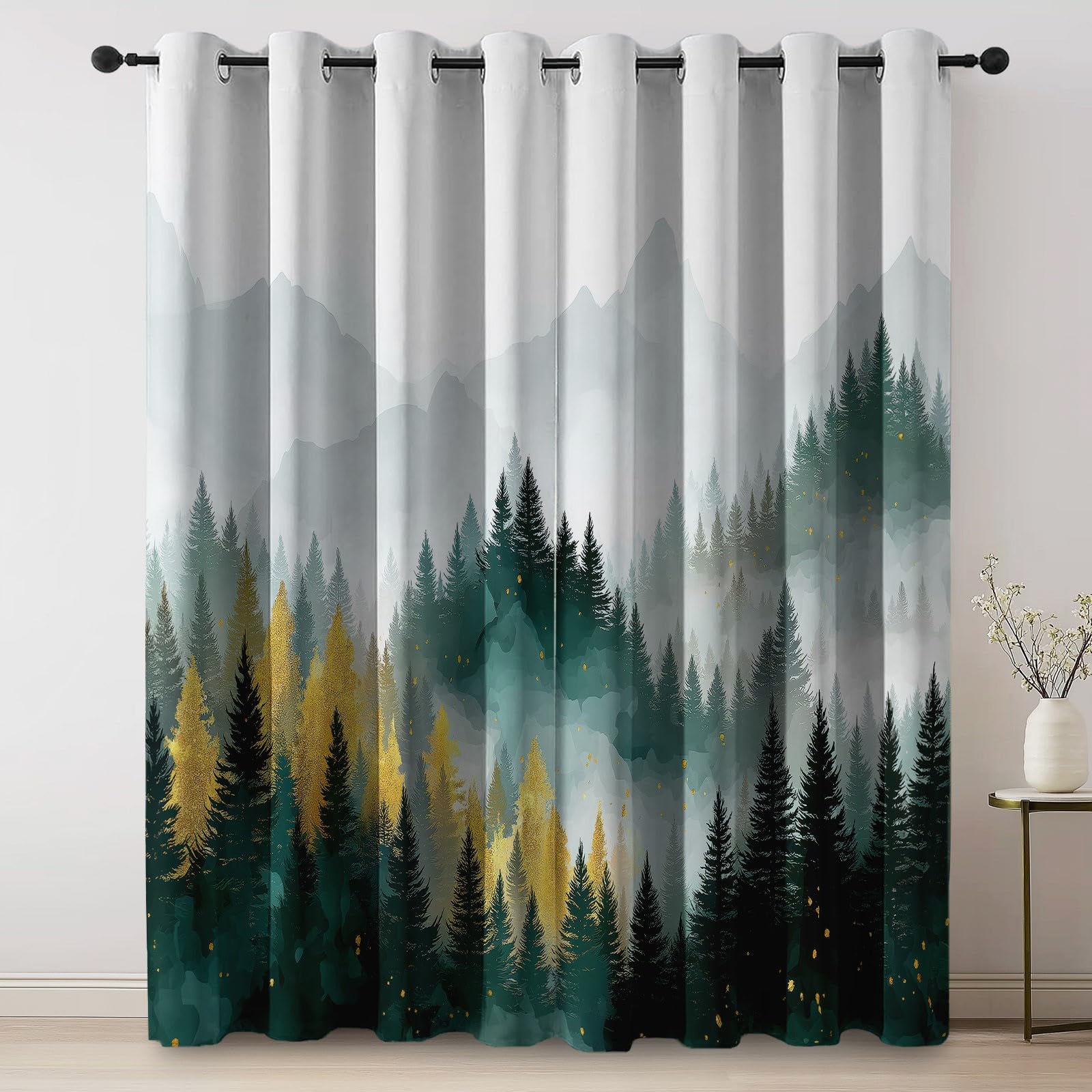 Generisch Abstrakt Aquarell Wald Gardinen vorhänge Blickdicht Mehrfarbig - Ideale Fensterlänge H215 x B100 cm (2er Pack) ohne Bodenkontakt, Thermo-Sichtschutz für Home-Office & Büro, Ösenvorhänge