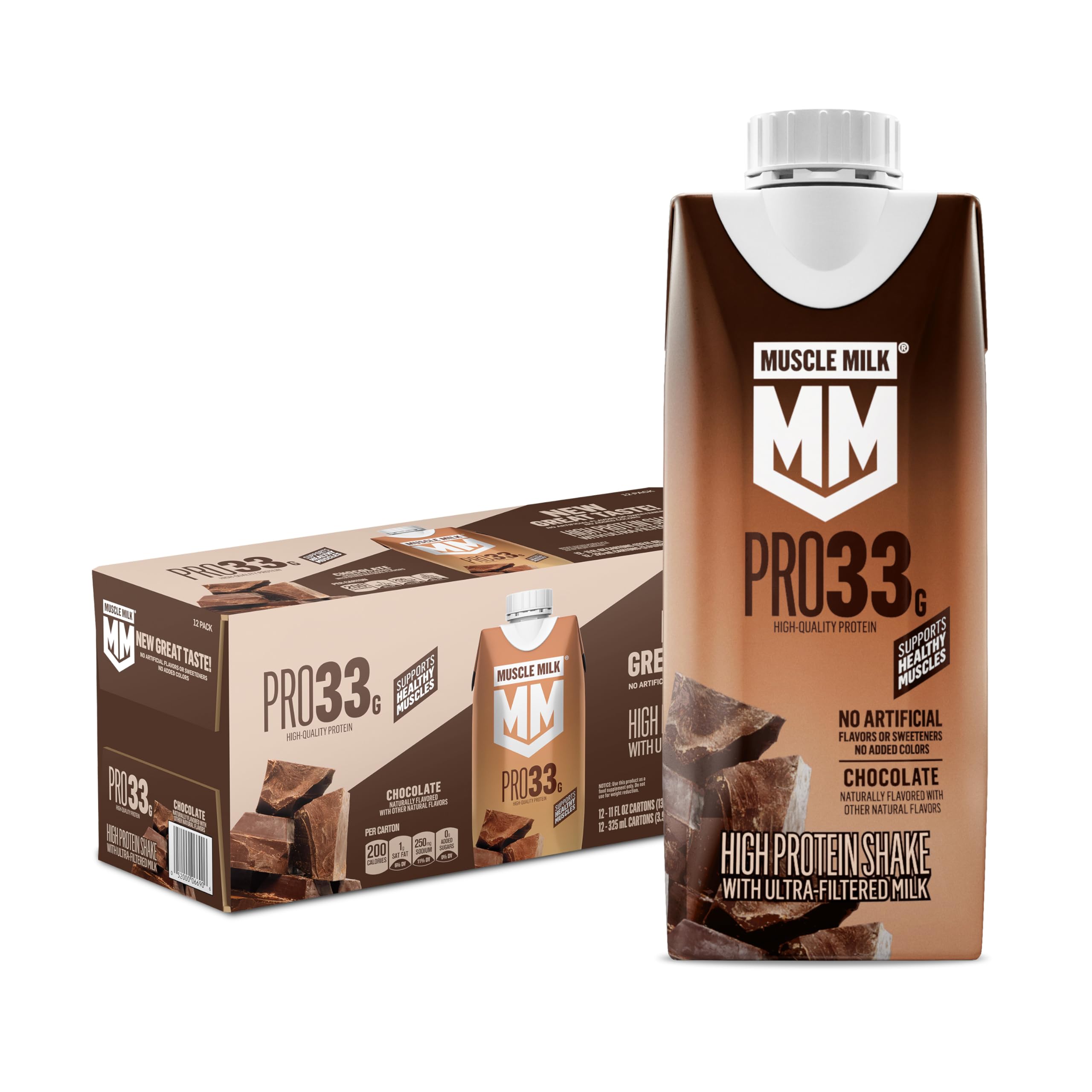 Muscle Milk Pro High Protein Shake, Chocolate, 11 fl oz Cartons, (12 Pack) Ultra Filtered Milk, 33g High Quality Protein Shake, 3g Sugar, 200 Calories, No Artificial Flavors or Artificial Sweeteners, No Added Colors - 1