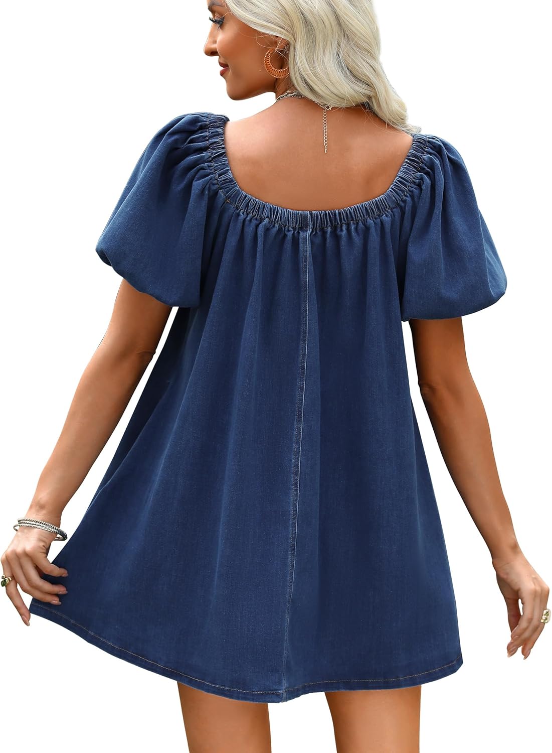 Denim Dress for Women, Puff Short Sleeve Jean Dress Square Neck Denim Romper with Pockets - Image 4