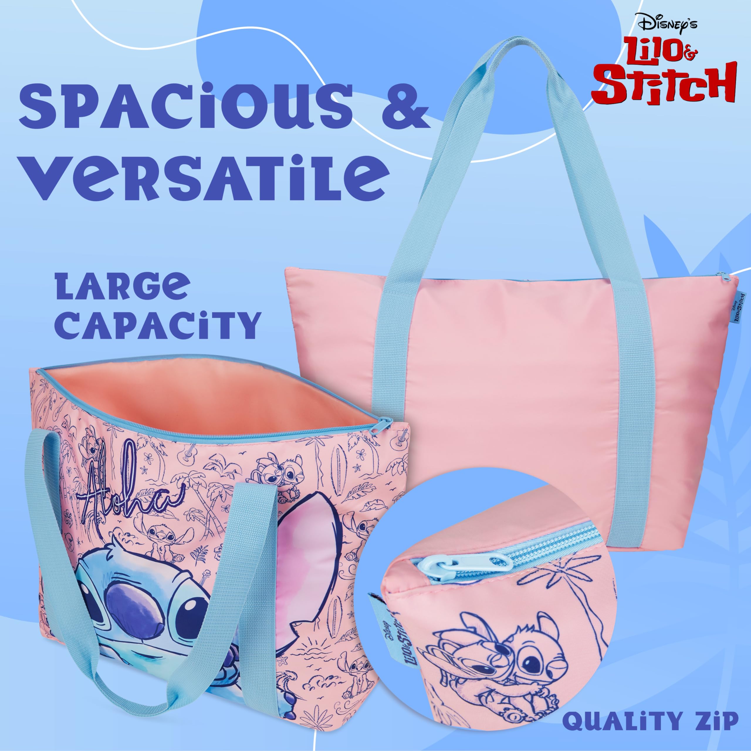 Disney Stitch Womens Tote Bag, Large Zipped Shoulder Bag for Shopping, Work - Stitch Gifts