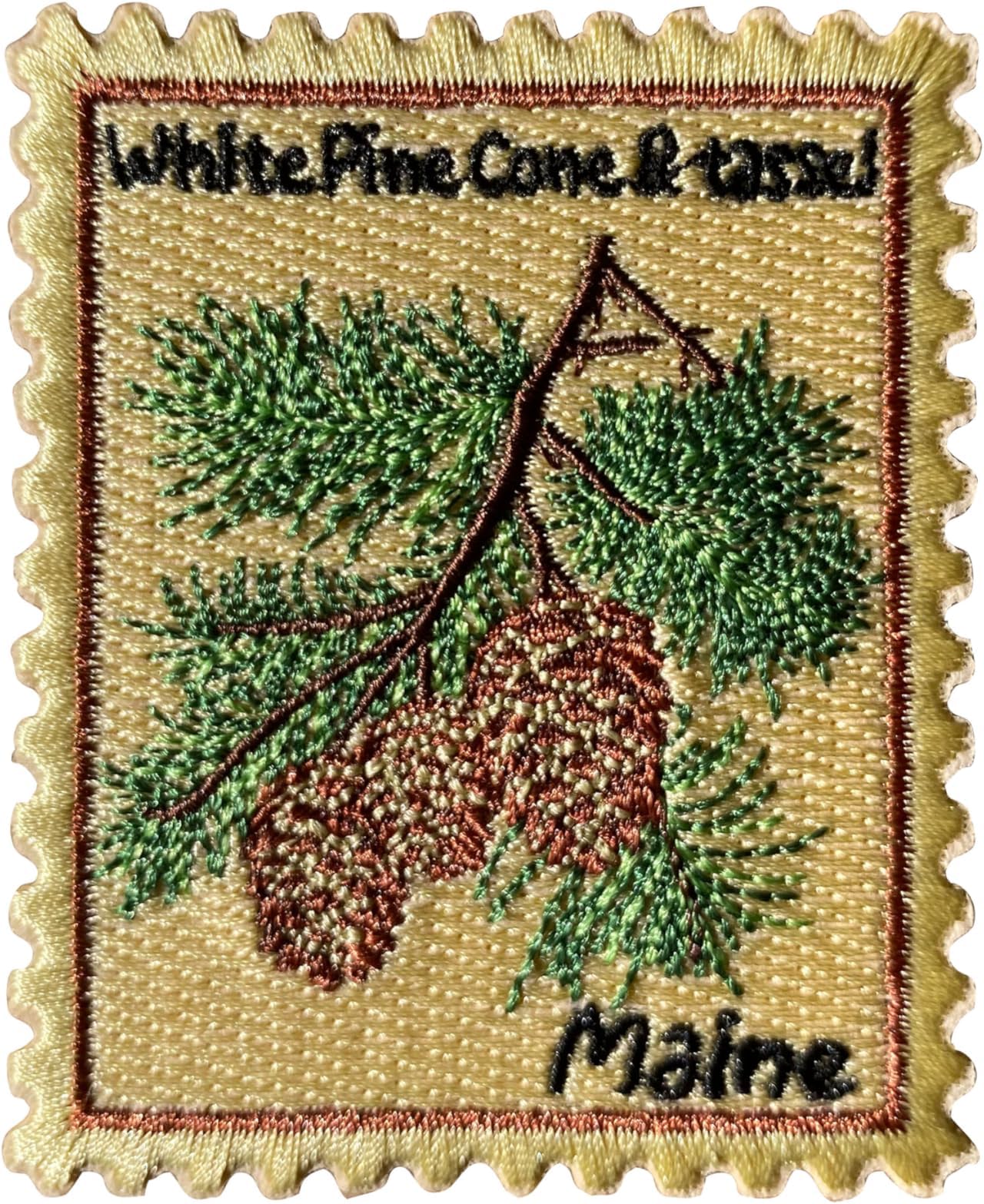 - Maine White Pine Cone Stamp Patch, State Flower Size 3 Inches Iron On Embroidery Patches for Hats Clothes Backpacks Jeans, Aesthetic DIY Sew On Patches,Fabric Patch, Vintage Gift for Boy Girl
