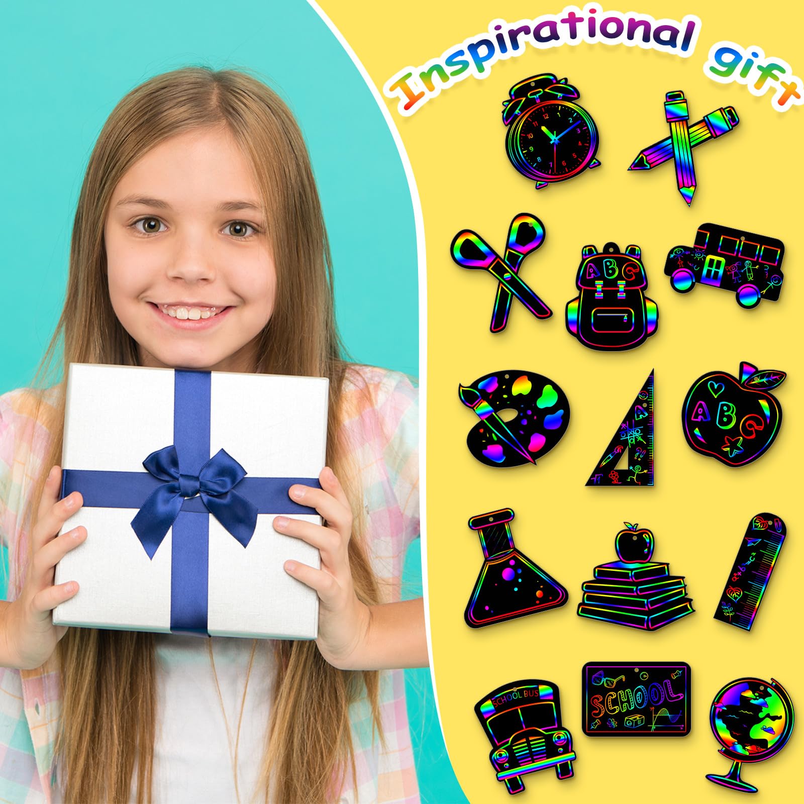 Harloon 140 Pieces Back to School Scratch Cards for Kids DIY Rainbow Summer Art Party Favors Gifts for DIY Crafts Classroom School Home Decoration Project Student to Teacher, 14 Styles