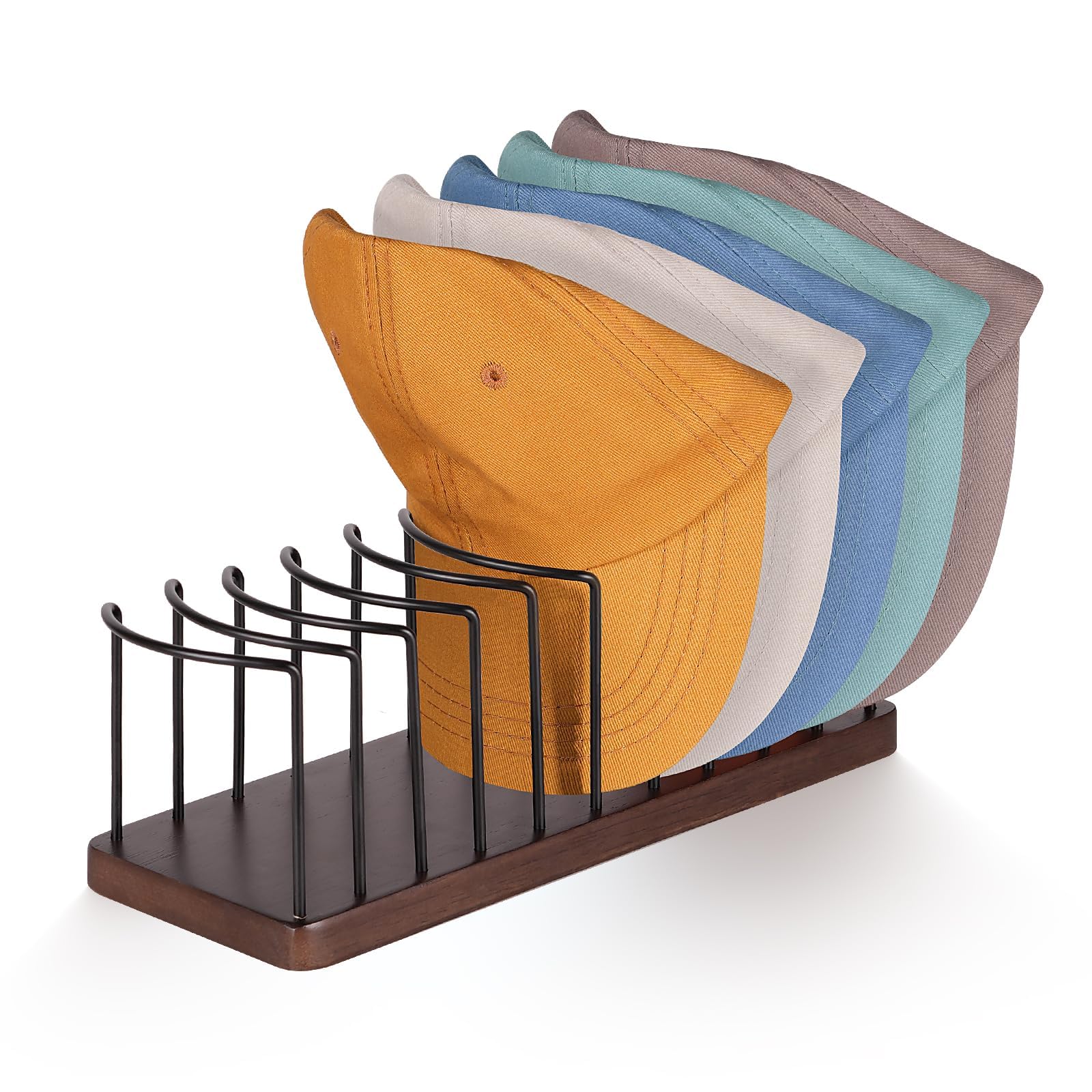 Xygobla Black, Light Brown Hat Organizer For Baseball Caps, Hat Holder For 10 Caps - Tabletop Baseball Cap Rack Stand | Wood & Metal Storage Holder For Desk, Closet, Dresser | Display & Organise