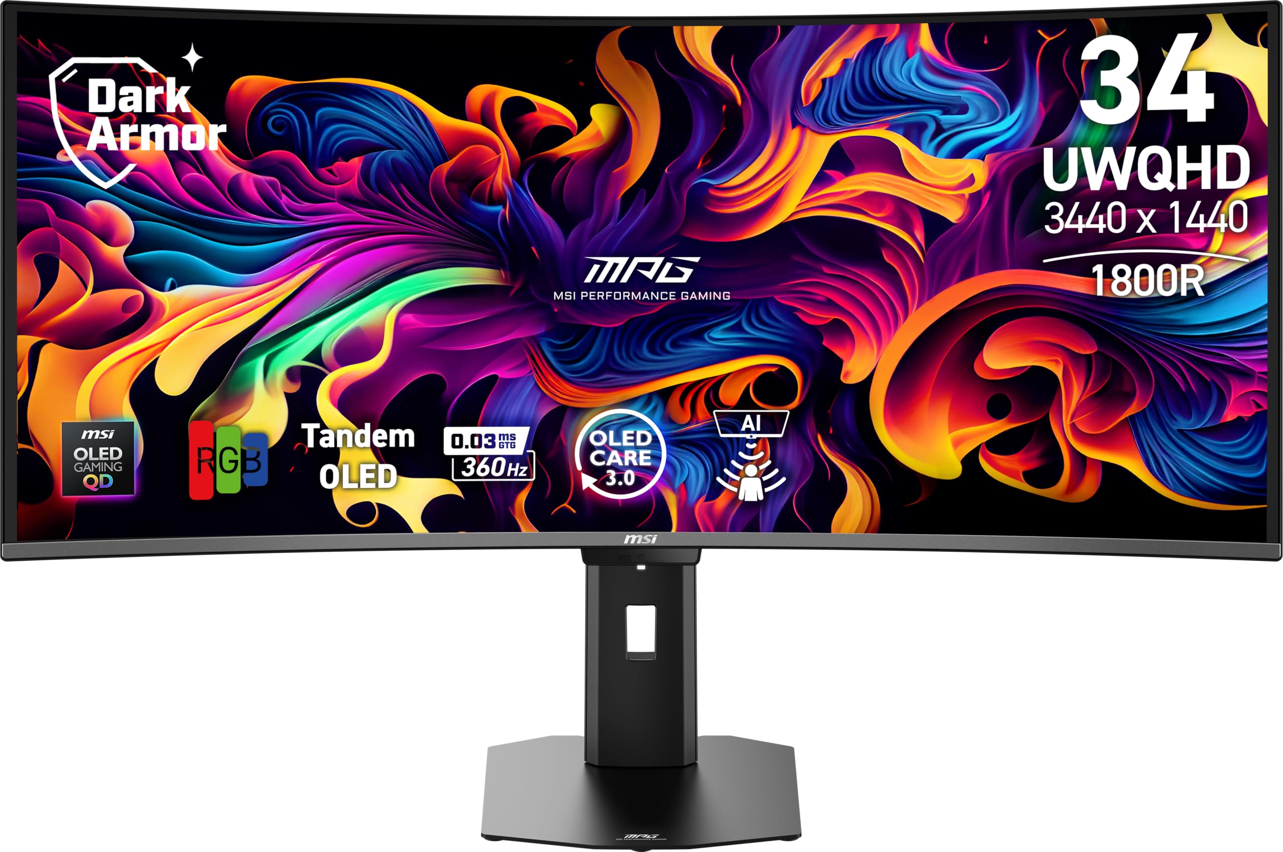 MSI, MPG 341CQRDE X36, 34 Zoll, UWQHD, 3440 x 1440, (1800R), Gaming-Monitor, QD-OLED der 5. Generation, 360 Hz, 0,03 ms, Adaptive-Sync, KVM, HDMI 2.1, DP 2.1, USB C (98 W PD), AI Vision, Schwarz