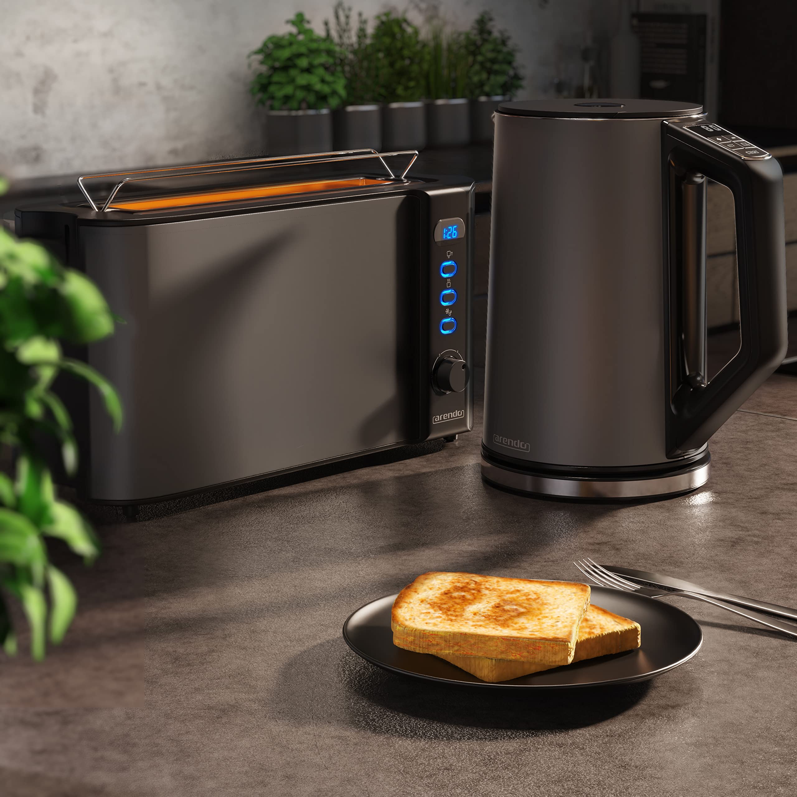 Arendo Wasserkocher Toaster SET Edelstahl Cool Grey 1,5L 40°-100°C 2 Scheiben LED-Display 6 Bräunungsgrade