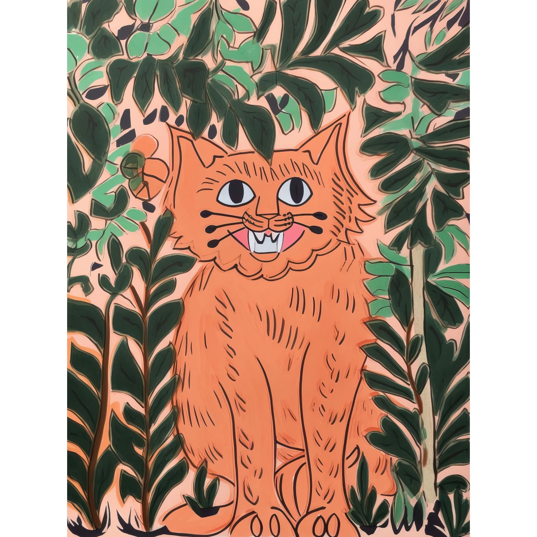 Artery8 Ginger Orange Tabby Cat in Plants Modern Folk Art Extra Large XL Wall Art Poster Print