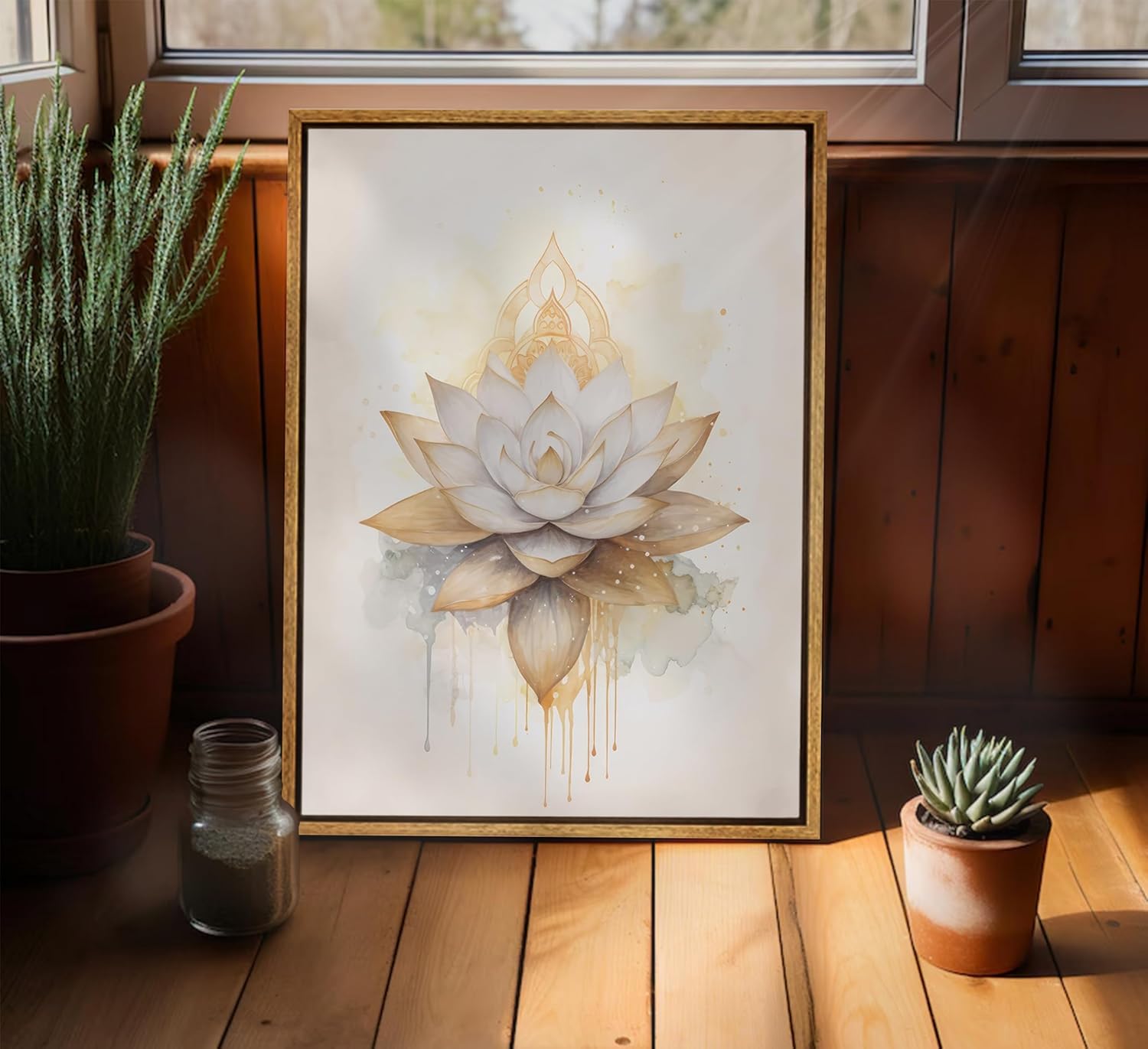 3pcs Framed Tree of Life Canvas Wall Art Gold Lotus Zen Painting Picture Wall Decor Abstract Yin Yang Poster Print Artwork for Living Room Yoga Room Hotel Bedroom Home Decoration Wood Color Framed