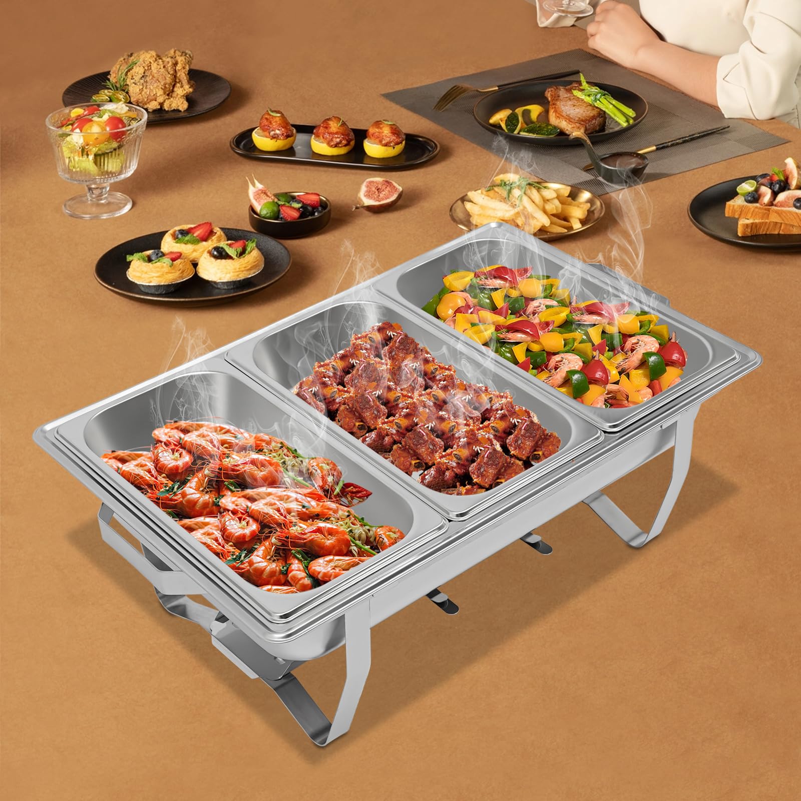 Set di 3 scomparti Chafing Dish Buffet da 5 l, in acciaio inox, per cibi freddi e caldi, contenitore per gastronomia con porta combustibile, per feste, buffet, catering e a casa
