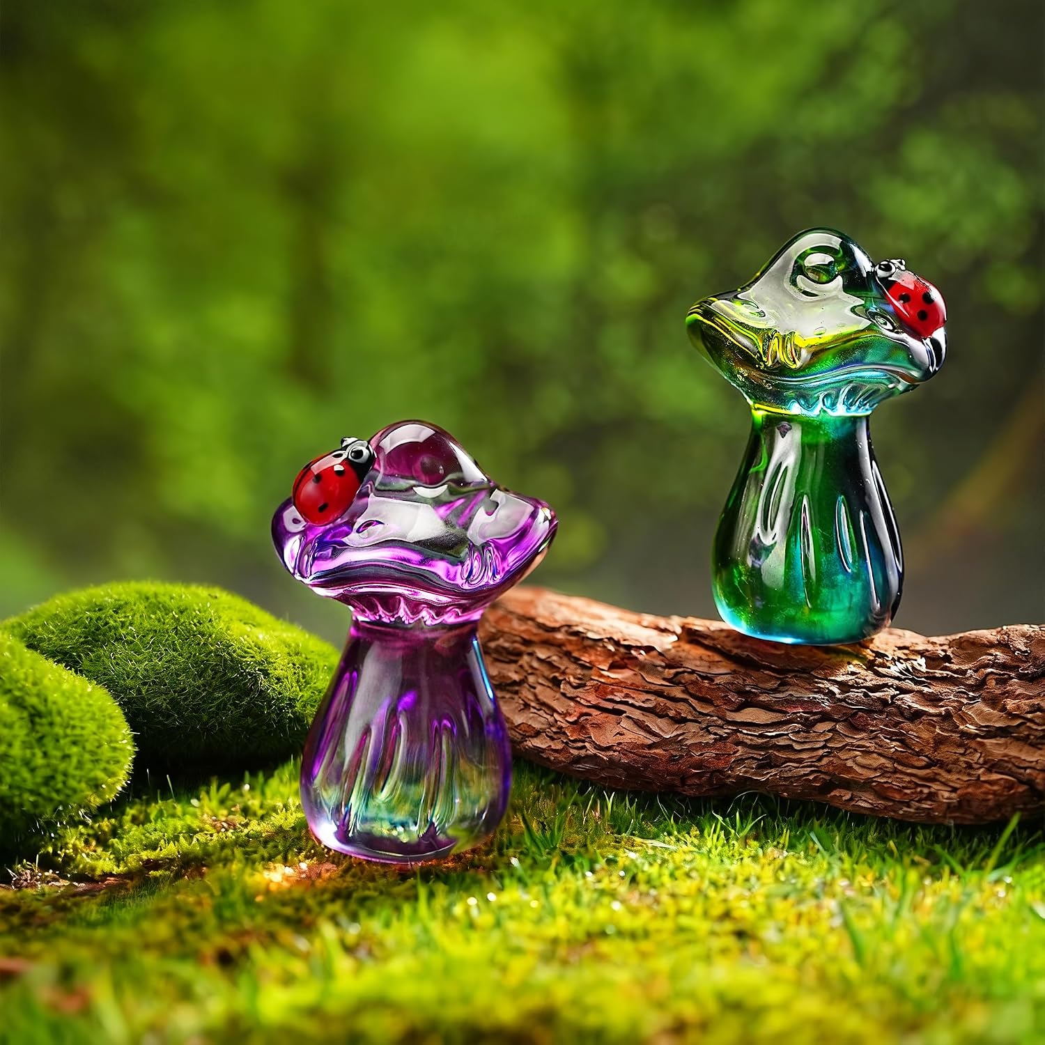 H&D HYALINE & DORA Crystal Mushroom Ladybug Figurine Handmade Glass Plant Figurine Collectible Kitchen Decor Mushroom Gifts for Women (Purple)