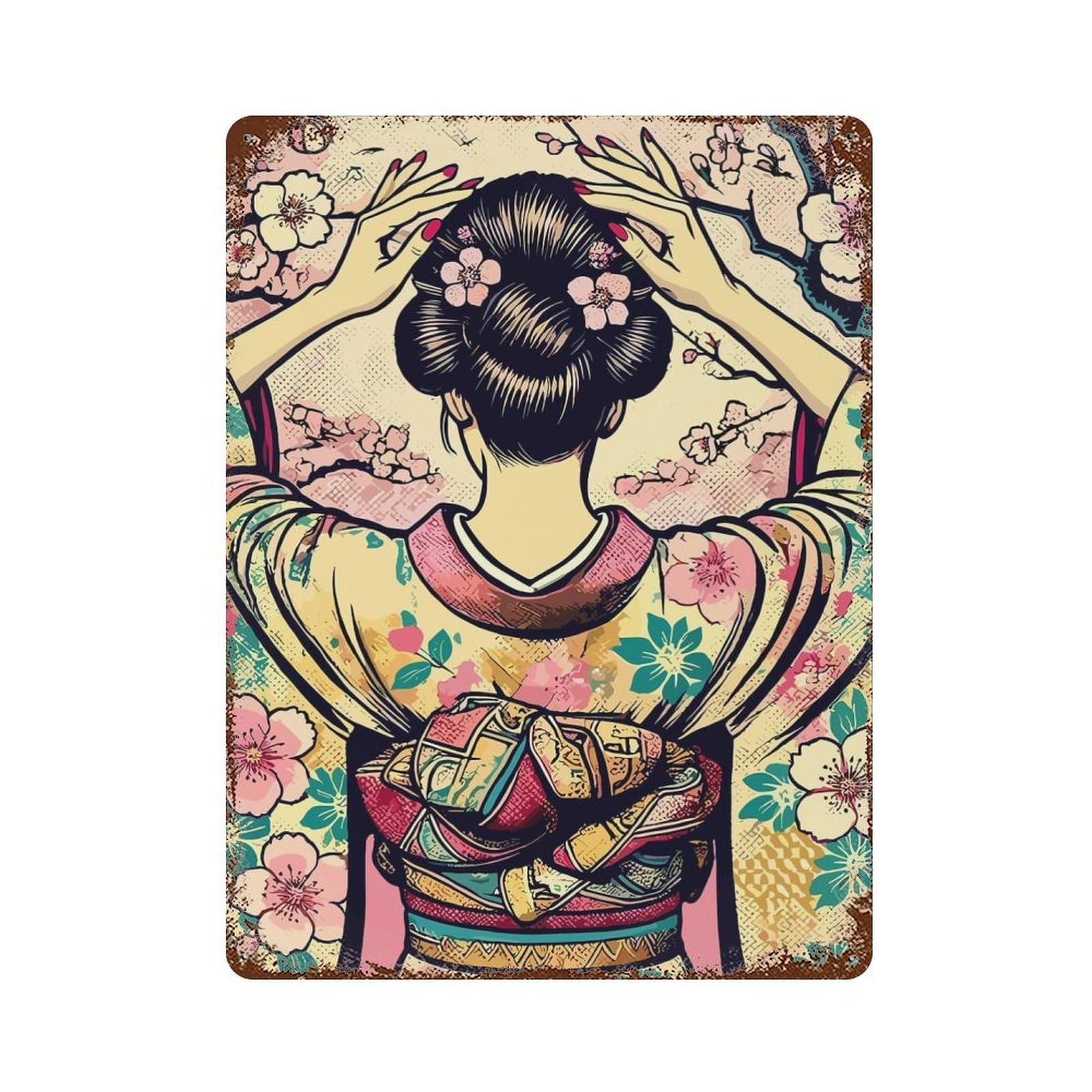 Geisha with Cherry Blossoms Vintage Wall Sign 15.7"x11.8", Rust Effect Metal Decor for Cafe, Home Bar And Lounge Decor