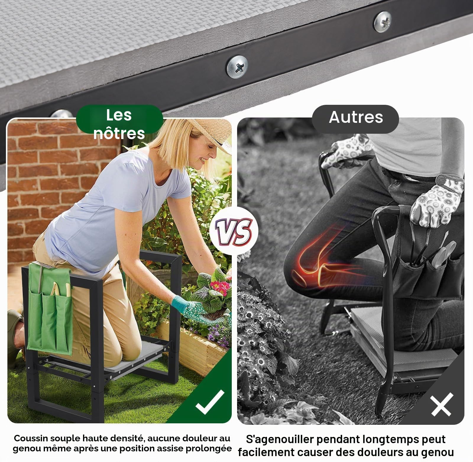 Banc de jardin pliable - Assise extra large de 31 cm - Avec rembourrage confortable - Idéal pour le jardinage, le camping et la pêche - Cadeau pour les jardiniers - Noir