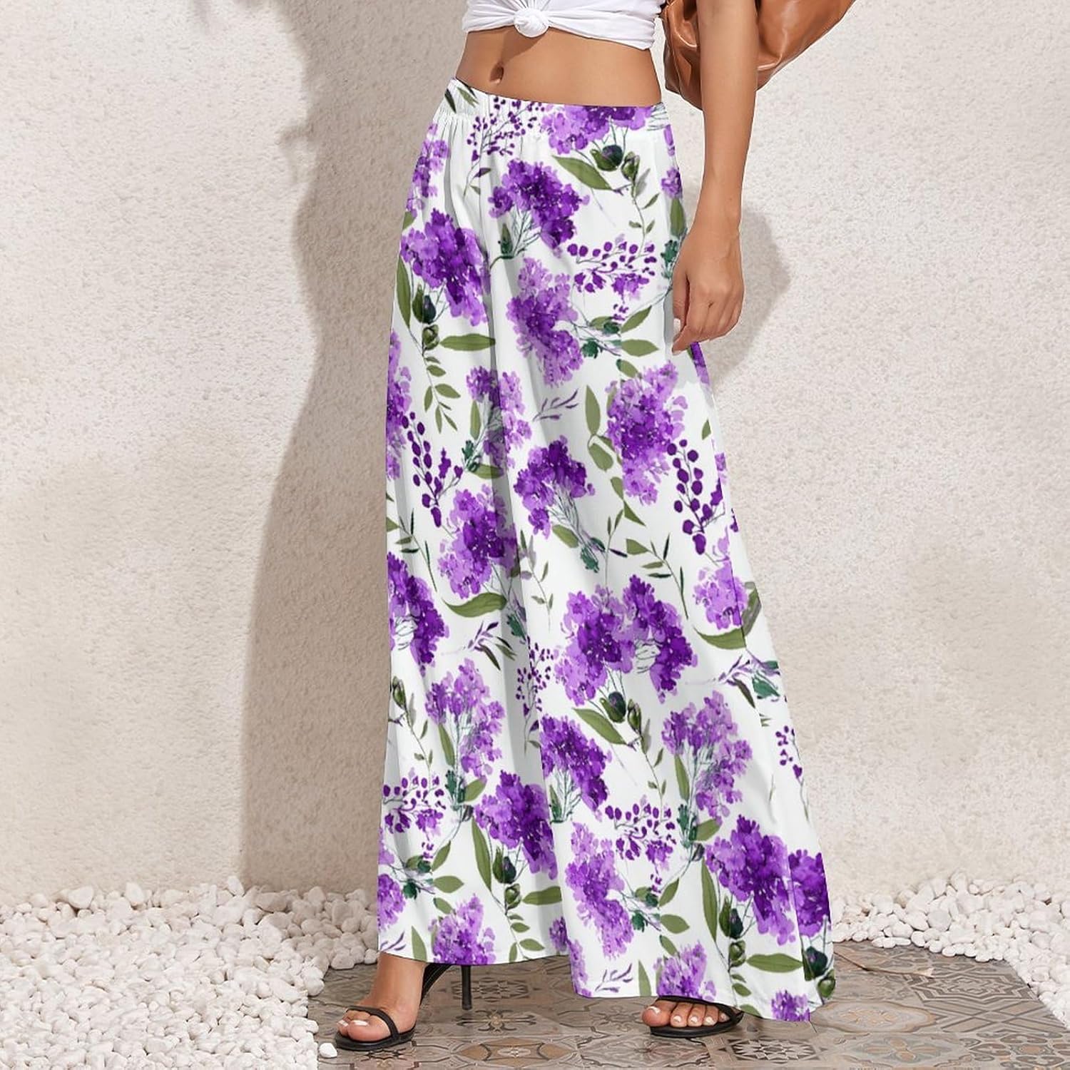 Boho Style Summer Beach Pants for Women Colorful Bohemian Floral Wide Leg Loose Chiffon Straight Pants