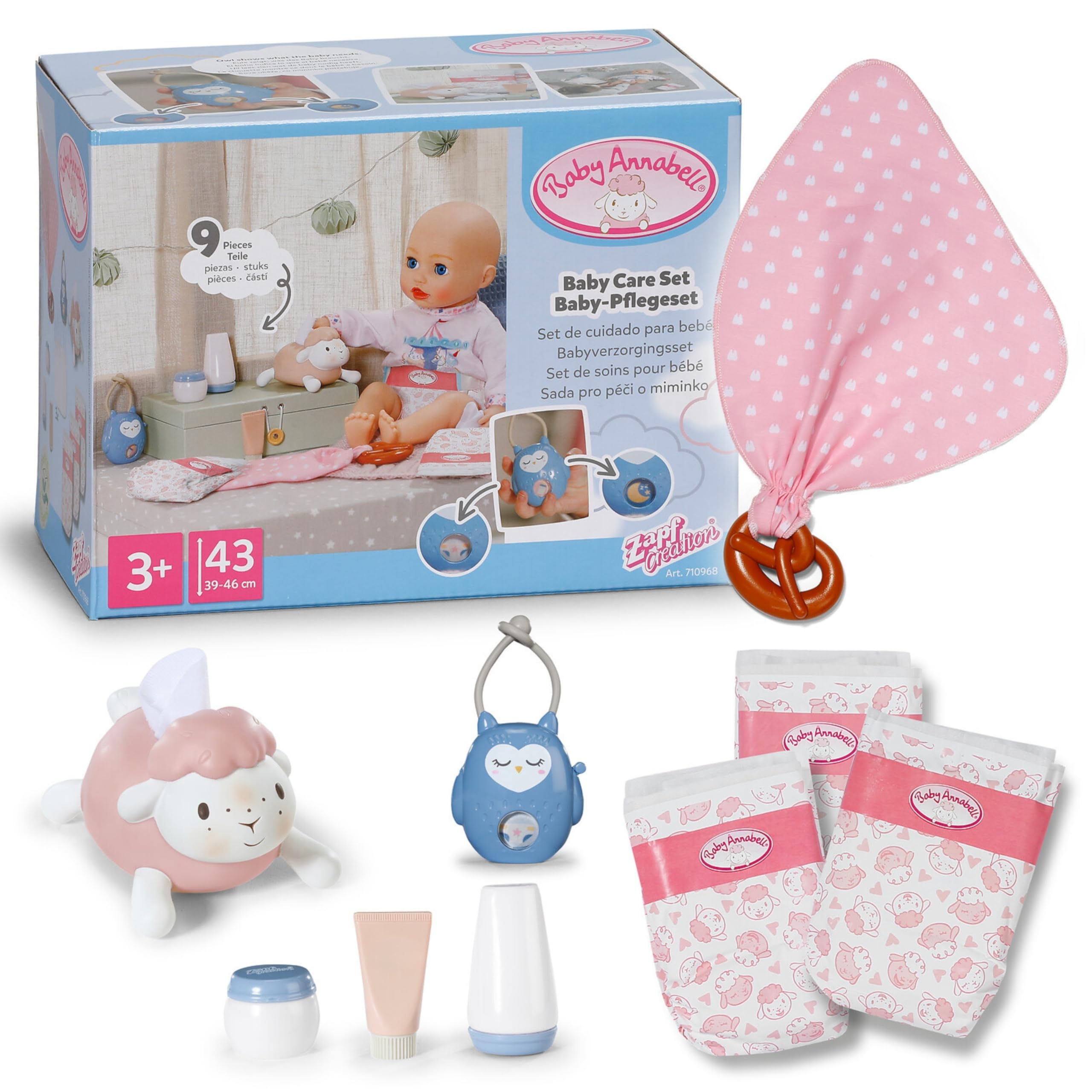 Baby Annabell Baby Care Set - 7-piece doll accessories set - Incl. nappies, tissue dispenser, pretend cream & bottles, teething toy & owl game - For 36cm & 43cm dolls - Suitable for children aged 3+