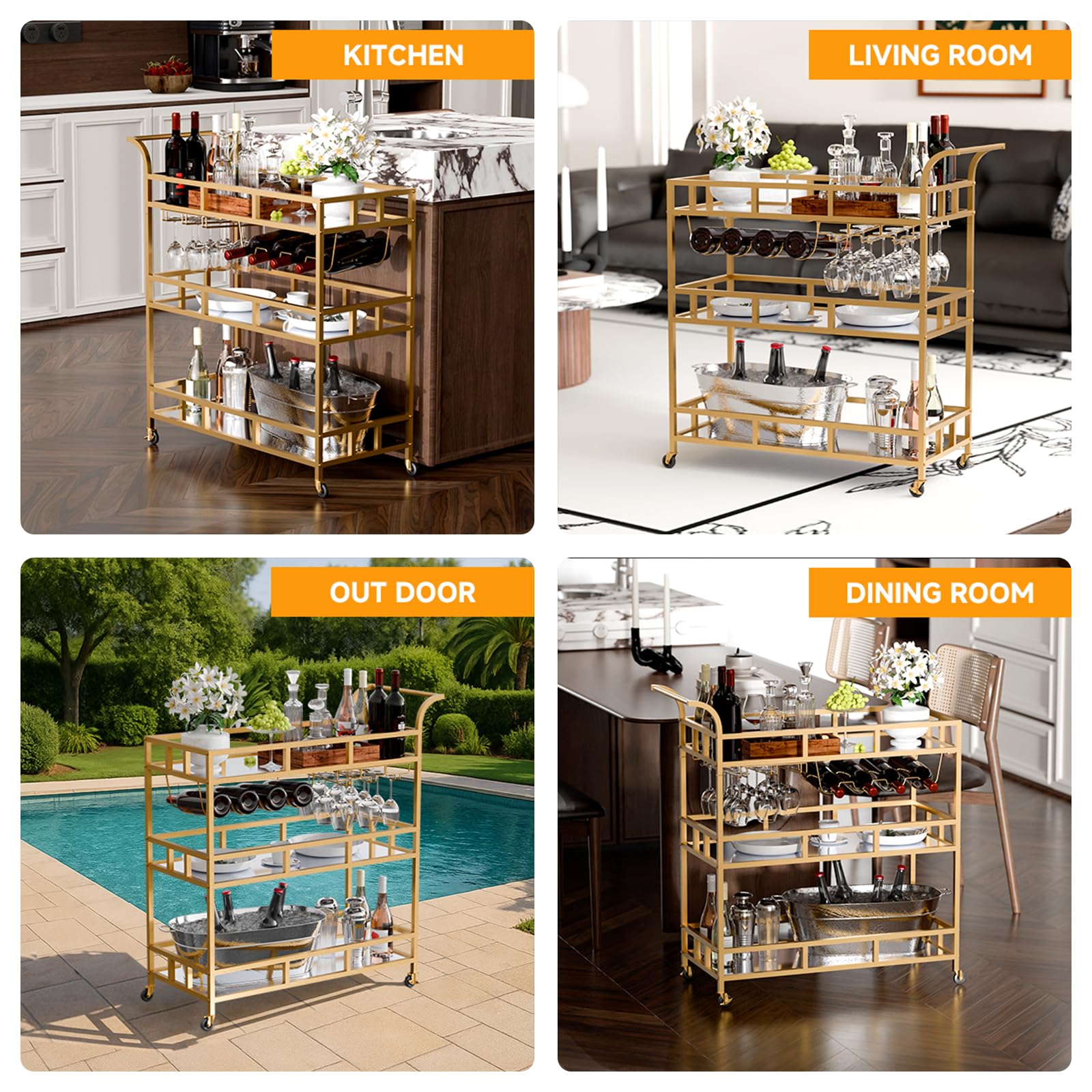 TONGMO Gold Barwagen mit 3 Ebenen Spiegelregalen, Home Bar Wagen mit Weinregal und Glashalter, perfekt für den Innen- und Außenbereich, stilvolle und funktionale Küche und Unterhaltungsraum Ergänzung
