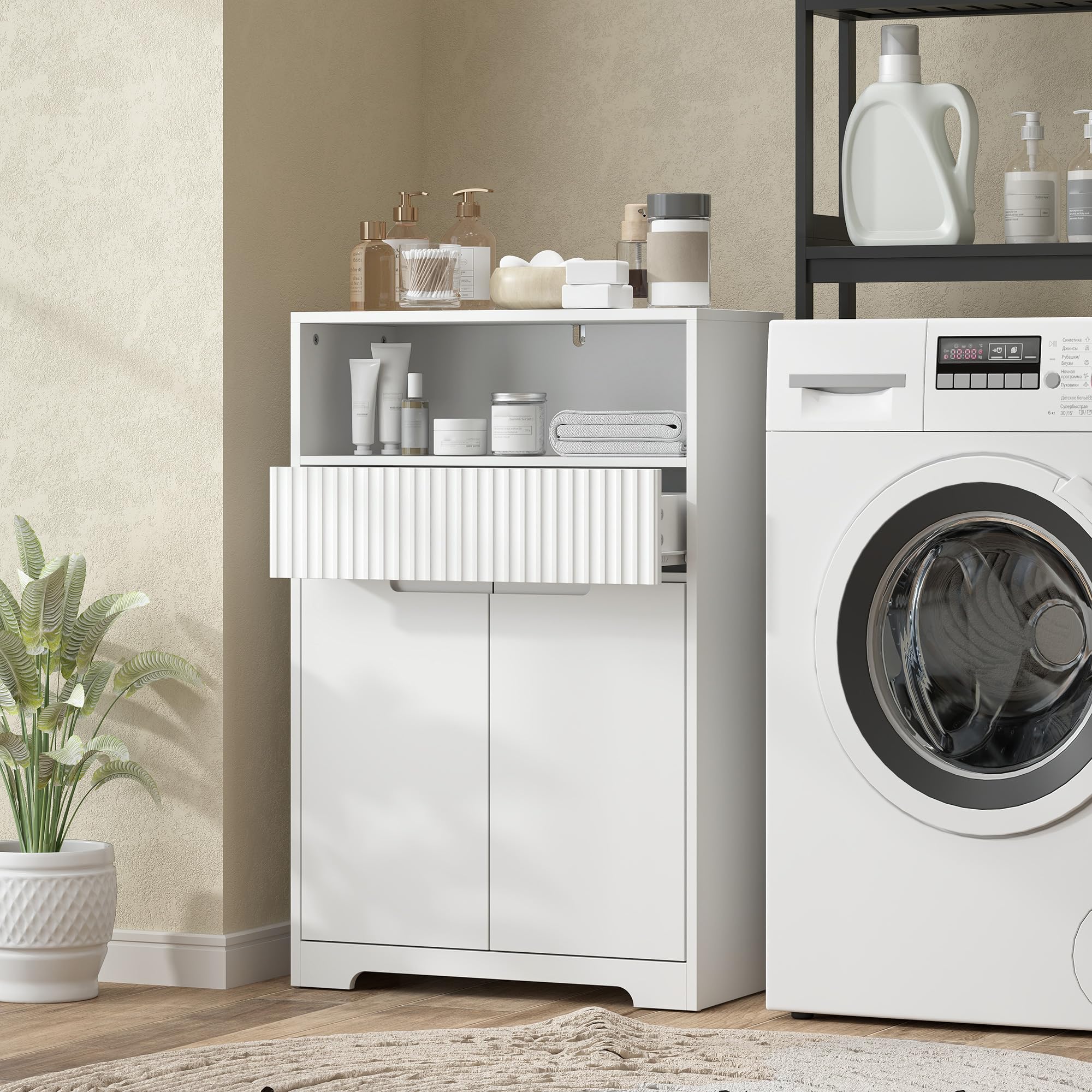HOMCOM Armario de Baño Estrecho con Estante Ajustable 60x30x91,5 cm Blanco | Mueble de Baño, Cajón de Frontal Acanalado, Estante Abierto, 2 Puertas, Estilo Moderno