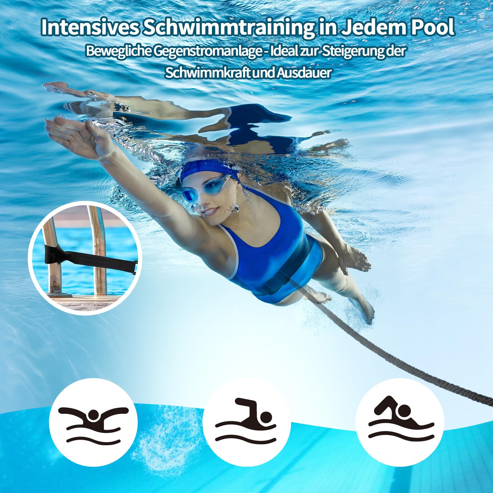 Cintura da nuoto per piscina, 4 – 10 m, regolabile, per piscina, per adulti