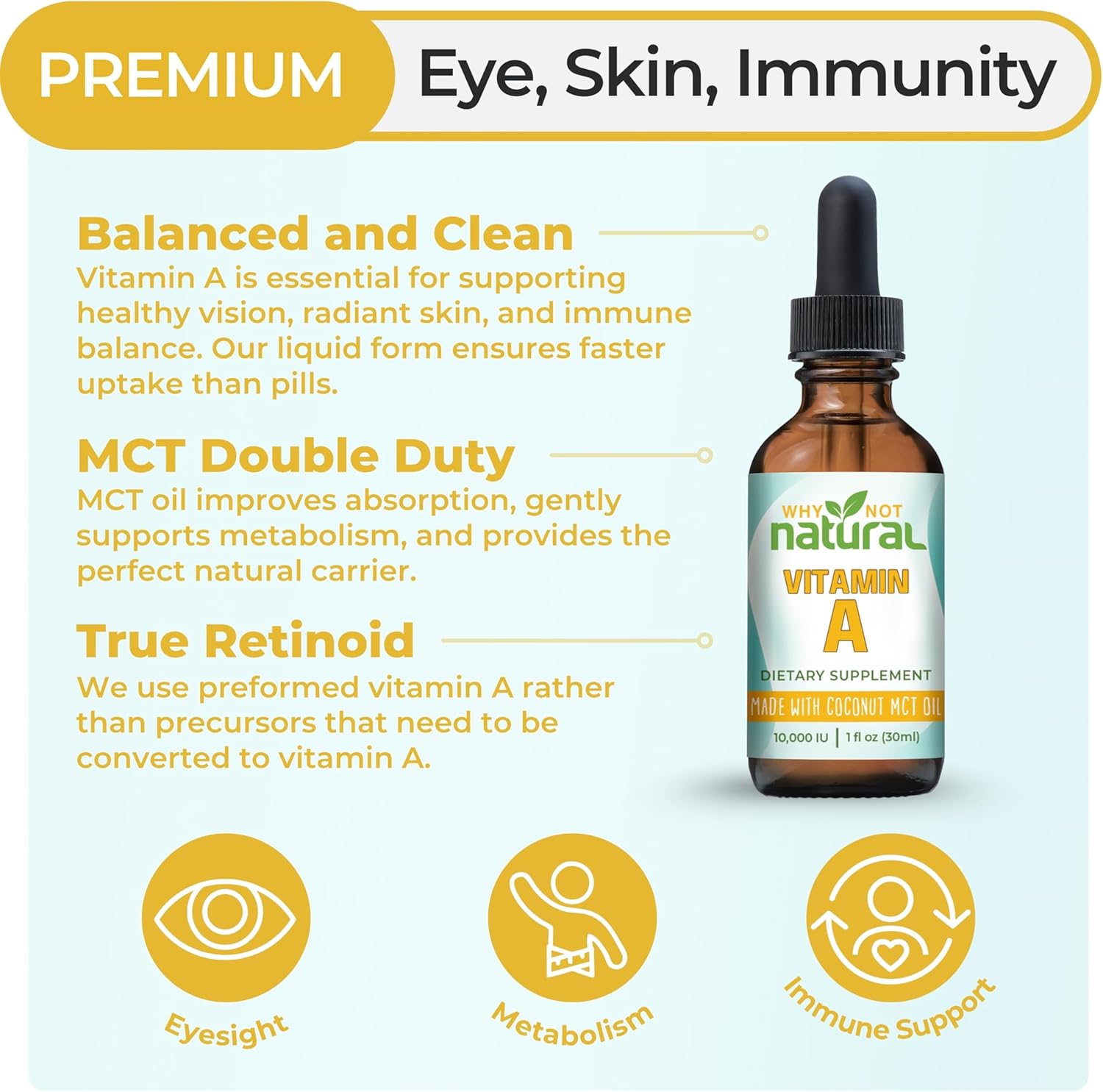 Why Not Natural Vitamin A Drops 10000 IU - Liquid retinyl Palmitate with Coconut MCT Oil, Vegan VIT A Supplement for Skin - 1 oz sublingual Tincture - Image 2