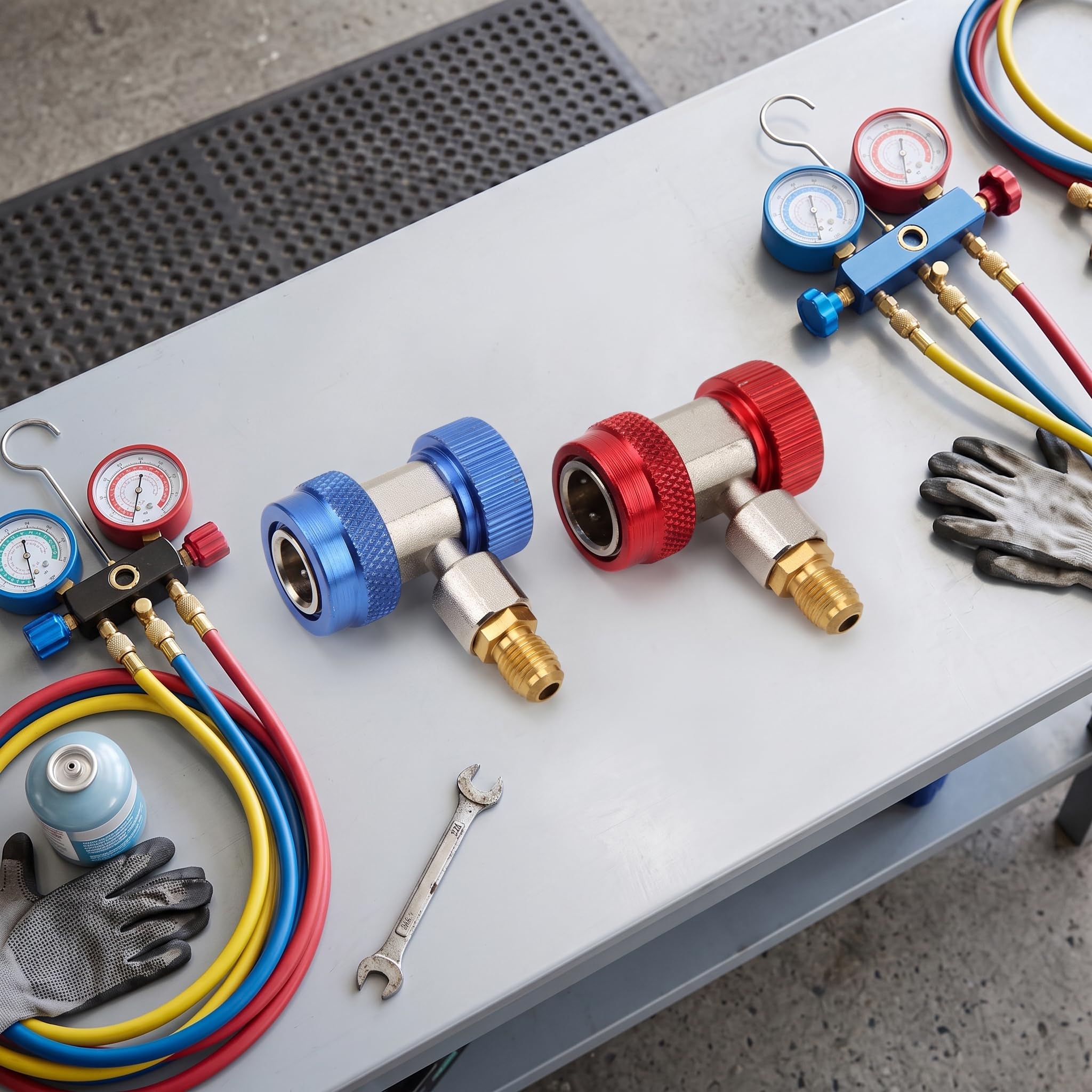EVGATSAUTO Adattatore 2 Pezzi R134a Aria condizionata Adattatori rapidi Regolabili Accoppiatore Alto Basso Connettore AC Freon Kit collettore Calibro Tubo di conversione 1/4 SAE HVAC