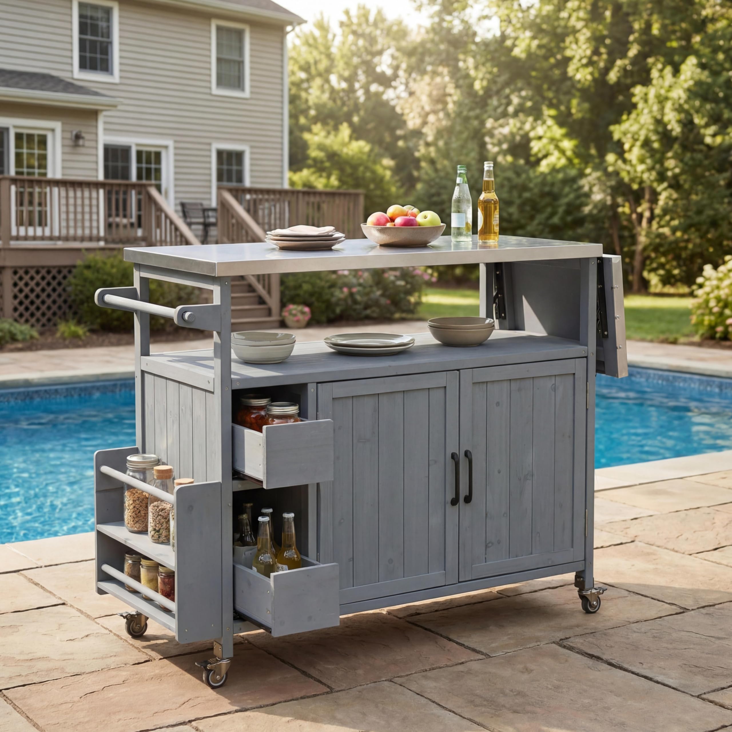 Christopher Knight Home Edsel Outdoor Bar Cart with Stainless Steel Top and Lockable Wheels, Solid Wood Outdoor Storage Cabinet, Kitchen Island