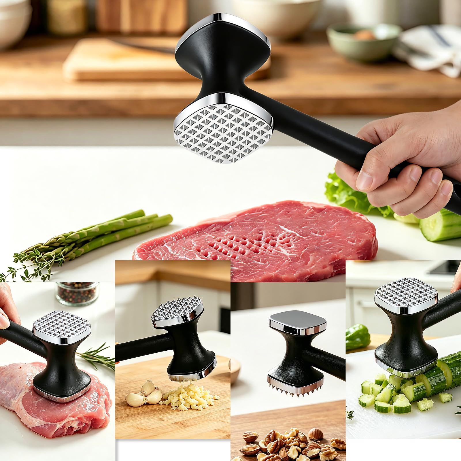 Fleischklopfer aus Edelstahl, Doppelseitiger Schnitzelklopfer Fleischhammer mit Rutschfestem Griff, Spülmaschinenfest, für Schnitzel, Steak, Koteletts, Hähnchen und Schweinefleisch, Silber