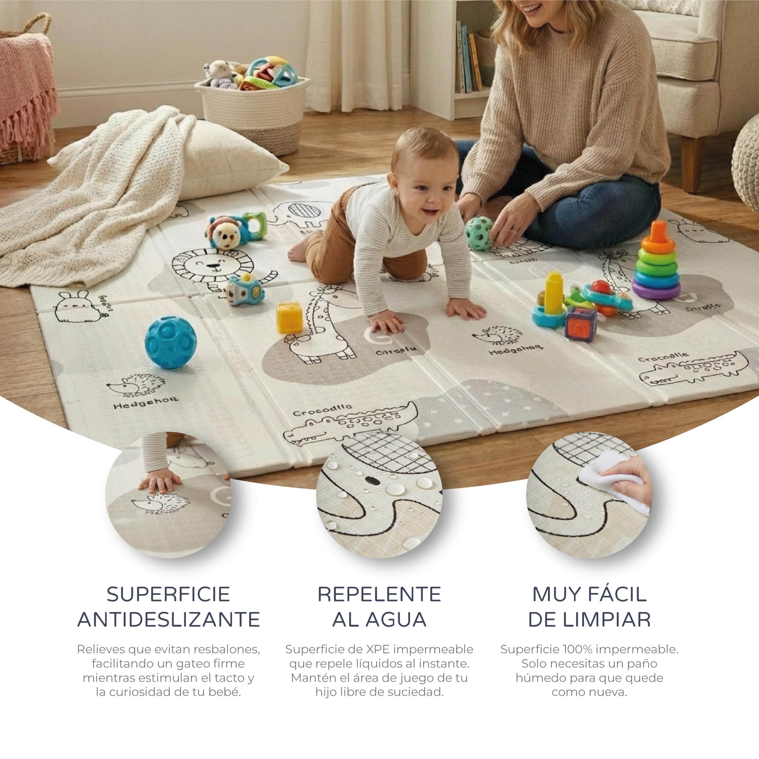 ms babyworld trendy - tappeto gioco per bambini - disponibile in 3 dimensioni a scelta - double-face, tappeto molto imbottito (1 cm) - con borsa per il trasporto. (Rhino/Coche, 180 * 120)