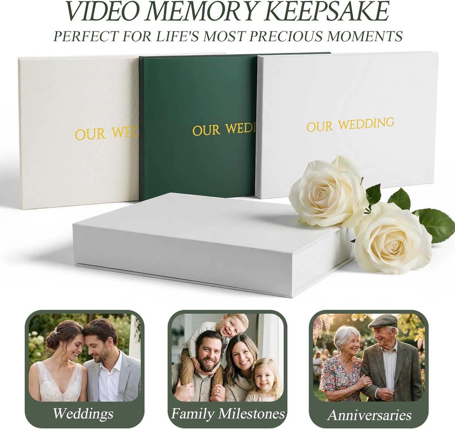 7" Video Book with Audio, 4GB Memory, Open-to-Play Digital Album, Hardcover Keepsake in Gift Box for Wedding, Engagement, Couples, Green
