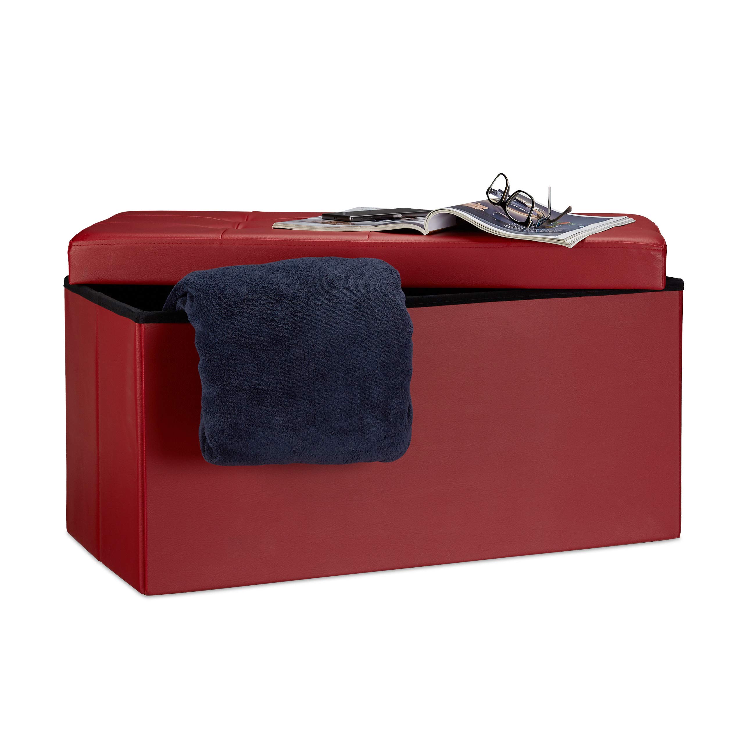 Relaxdays Cassapanca Contenitore, Pouf Pieghevole in Similpelle, HxLxP 38 x 76 x 38 cm, Panca con Coperchio, Rosso Scuro