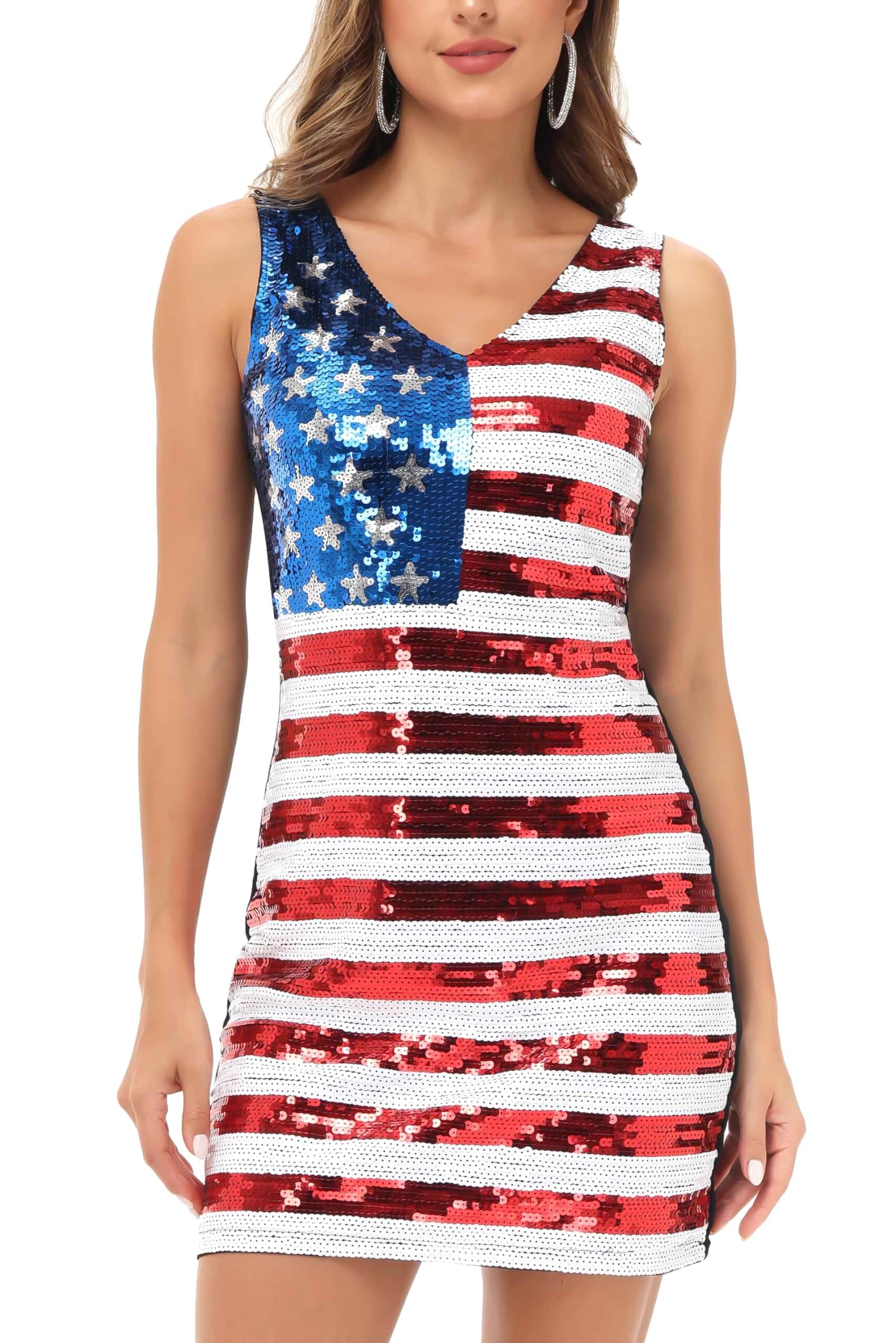 Anna-Kaci Women's American Flag Sequin V-Neck Mini Dress Sleeveless sequin dress, American flag pattern, V-neckline, striped patriotic design, pull-on mini length