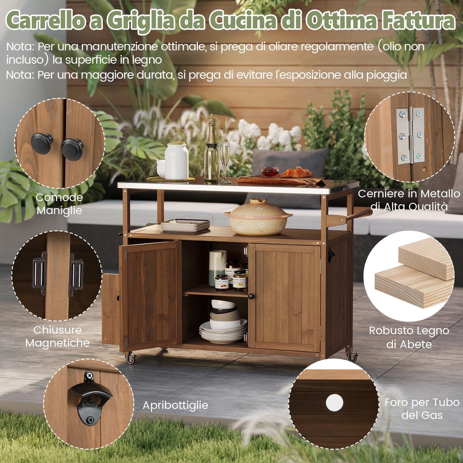 COSTWAY Carrello Barbecue Esterno, con Piano in Acciaio Inox, Isola Cucina in Legno di Abete con Ruote, Armadio, Ripiano Aperto e Scomparti, 130 x 47 x 92 cm
