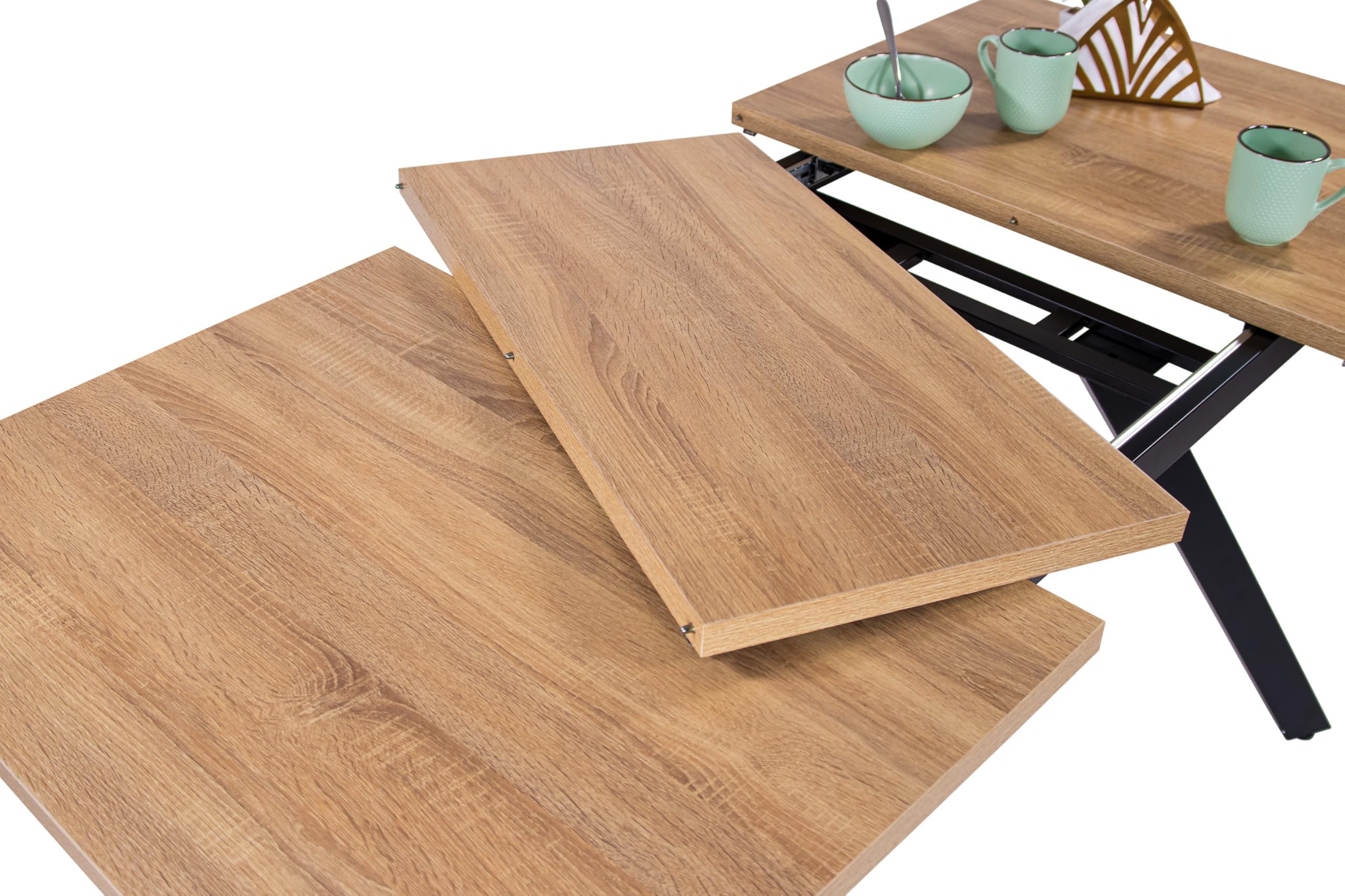 SAM Esstisch Meryl ausziehbar 120(160)x80 cm Holz-Optik Eiche Metallgestell | 30 mm rechteckige Tischplatte, Gestell schwarz