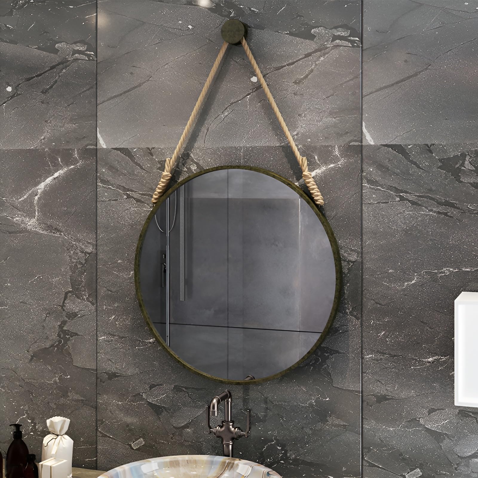 FGXHHS Metal Frame Round Wall Mirror With Rope, Vintage Modern Decorative Artistic Hanging For Bedroom, Bathroom, Entryway, Hallway(Bronze,60cm/23.6in)