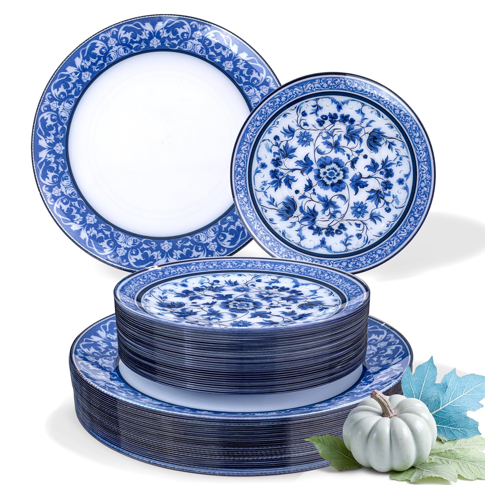Hioasis 60pcs Blue Plastic Plates Set - Floral Blue & White Porcelain Design, 10.25" Dinner & 7.5" Dessert Plates Disposable for Thanksgiving (Dishwasher Safe, Art Style)