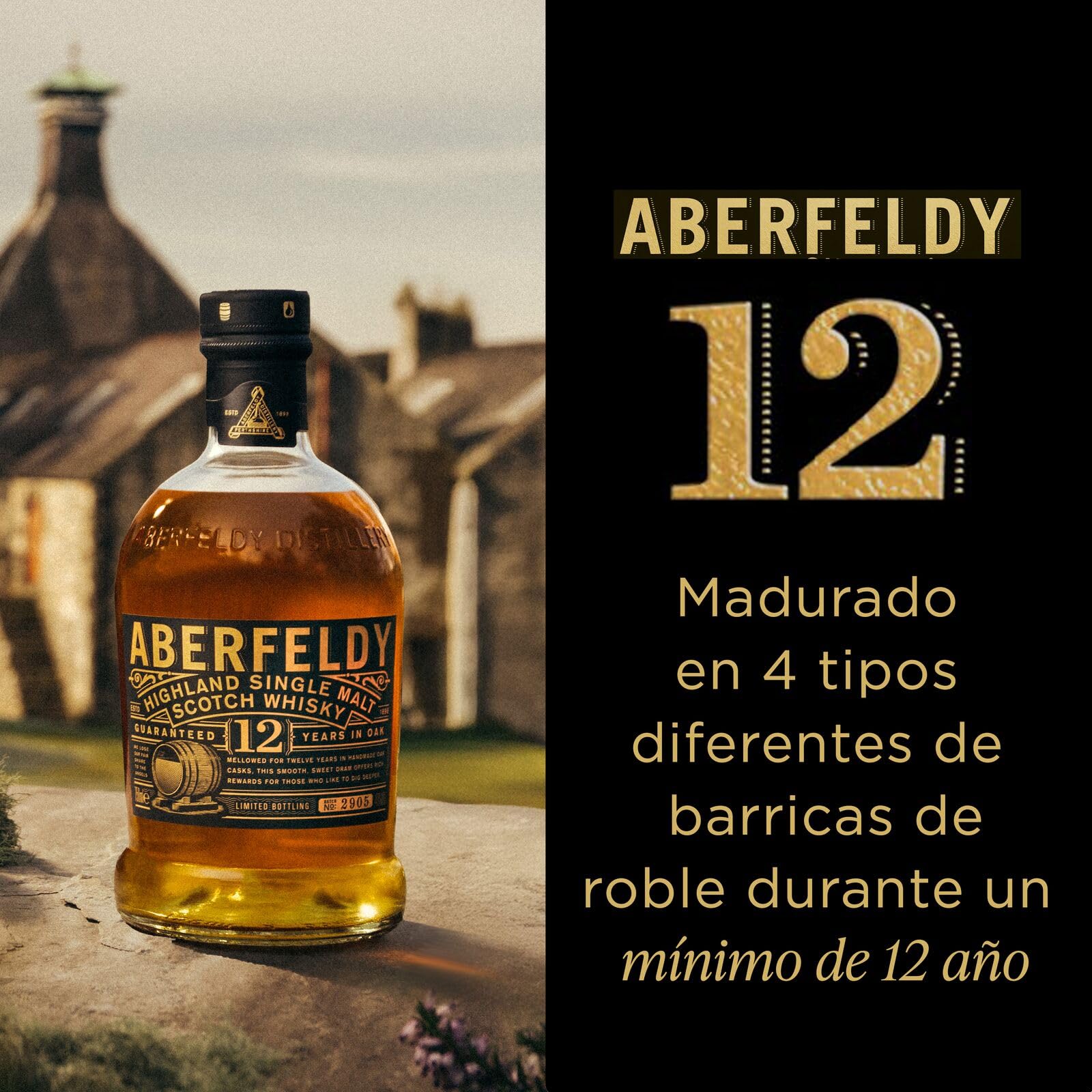 Scotch Whisky Single Malt Aberfeldy 12 Year Old, 40 % vol., 70 cl / 700 ml, whisky premium añejado en cuatro tipos de barricas distintas