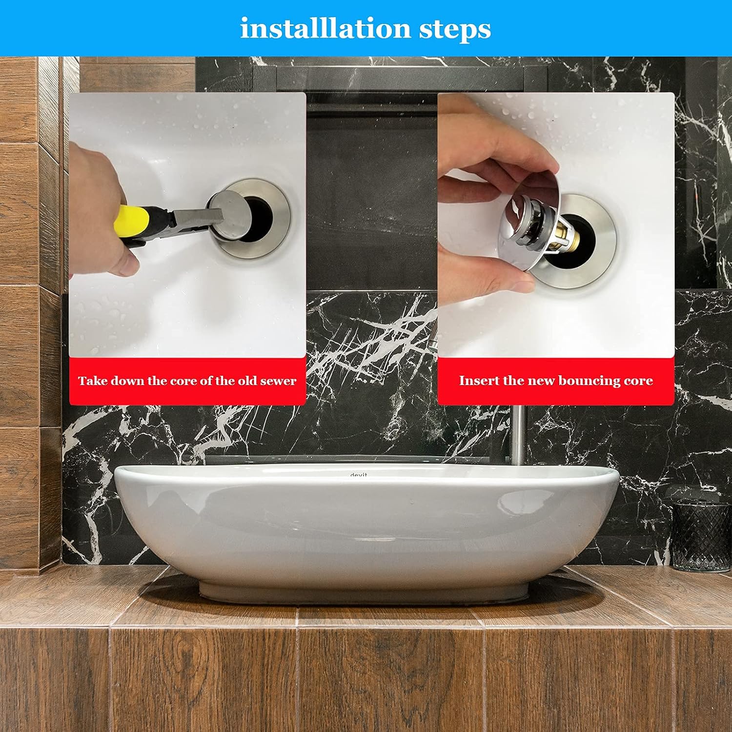 QYHNYJF Bathroom Sink Stopper, for 1.1-1.32 in U.S. Standard Drain Holes, Universal Chrome Plated Push-Type Bounce Core, Stopper Anti Clogging Sink Strainer, Bathtub Drain Plug with Filter Basket - - 